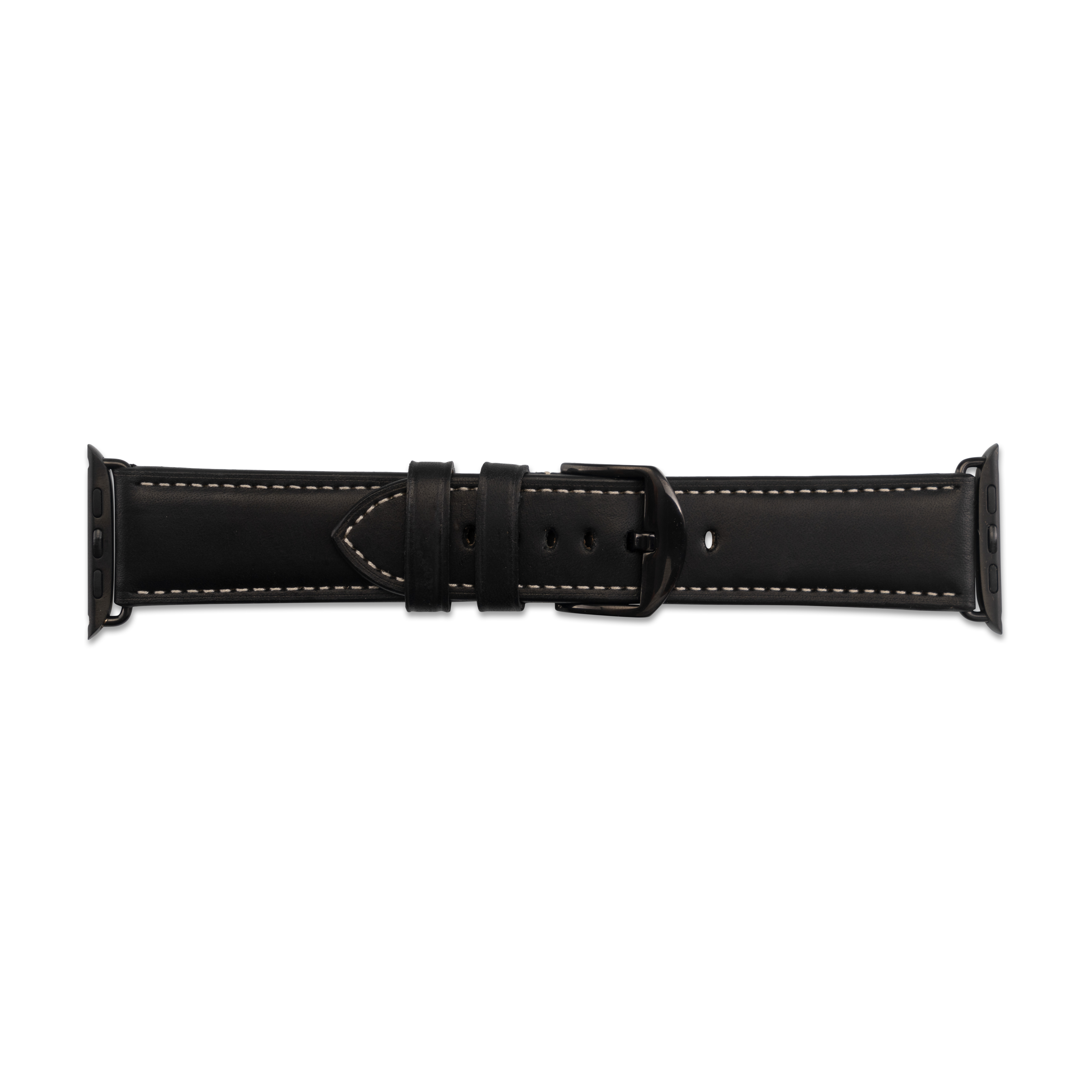 Ein schwarzes Leder-Uhrenarmband mit weißen Nähten. Das Armband hat eine schwarze Schnalle. Der Hintergrund ist weiß.