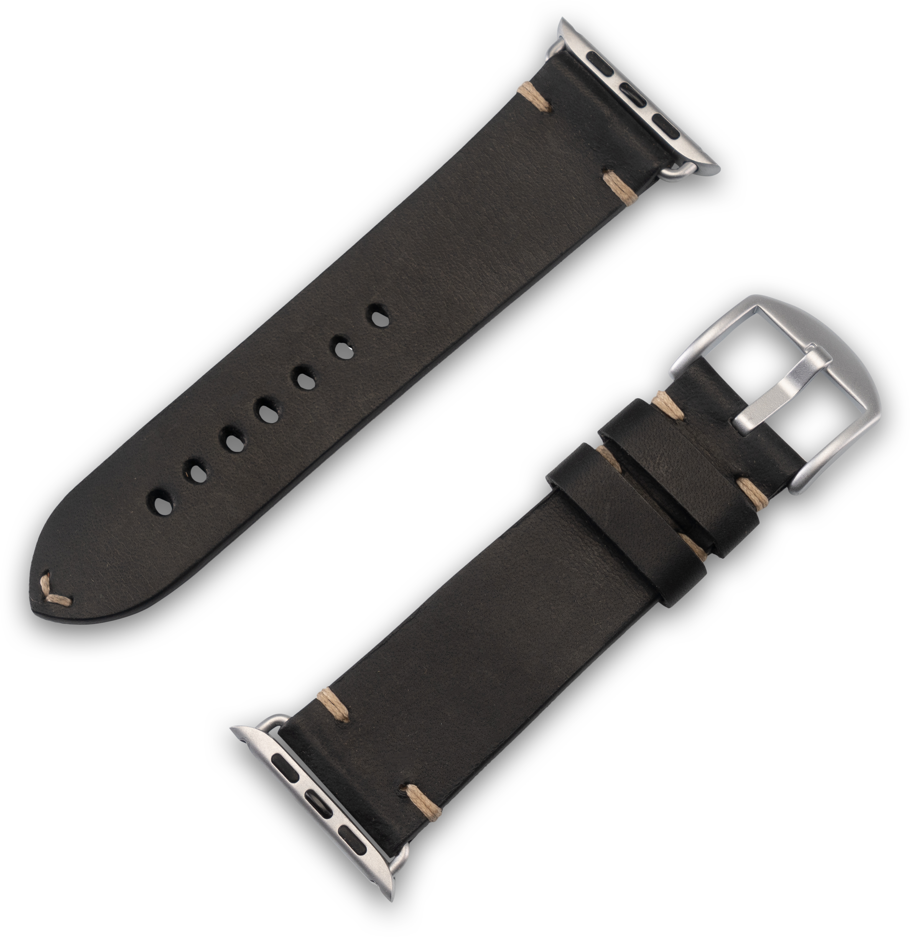 Zwei schwarze Leder-Uhrenarmbänder, eines mit silberner Schnalle. Beige Nähte sichtbar.