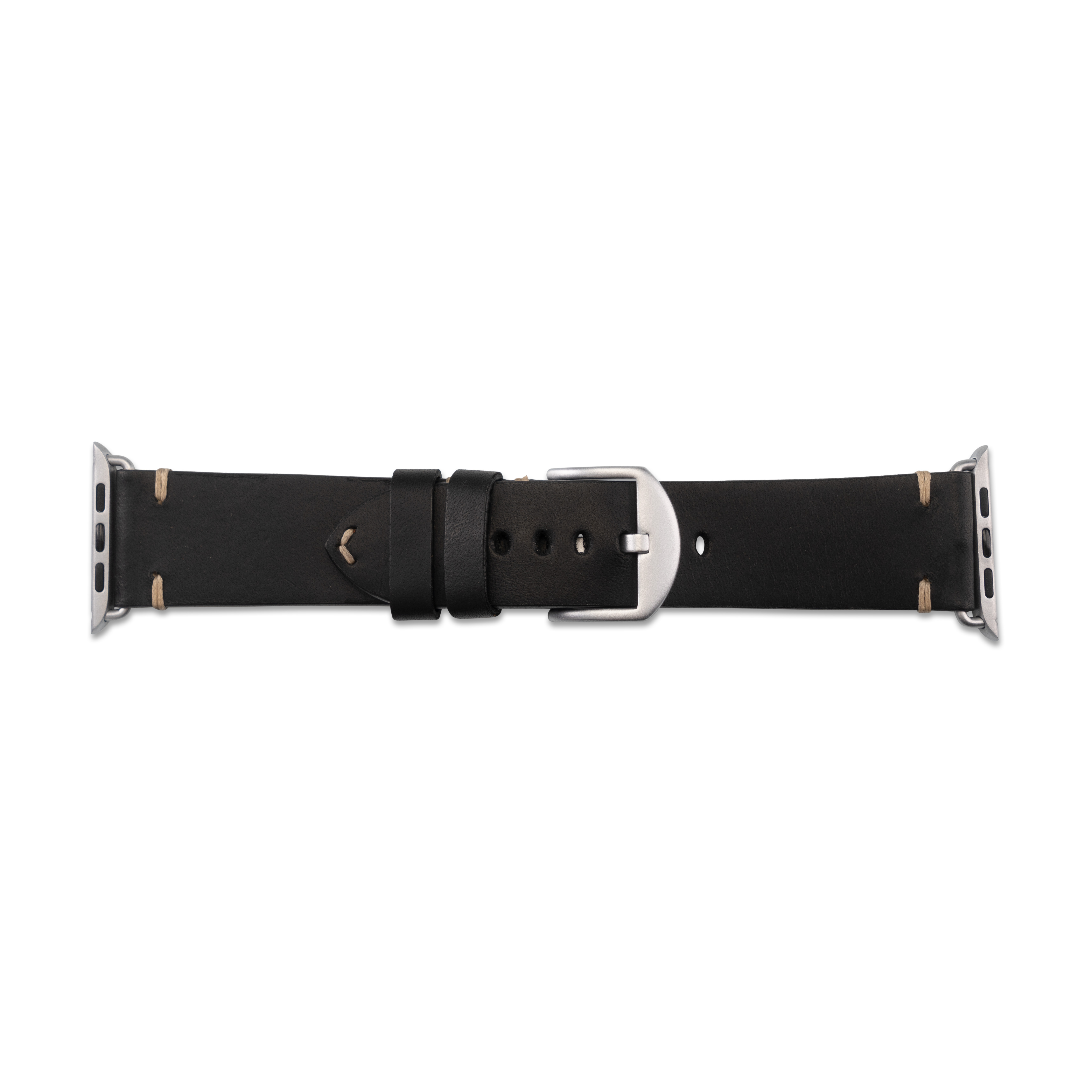 Schwarzes Leder-Uhrenarmband mit silberner Schnalle, beige Nähte, auf weißem Hintergrund.