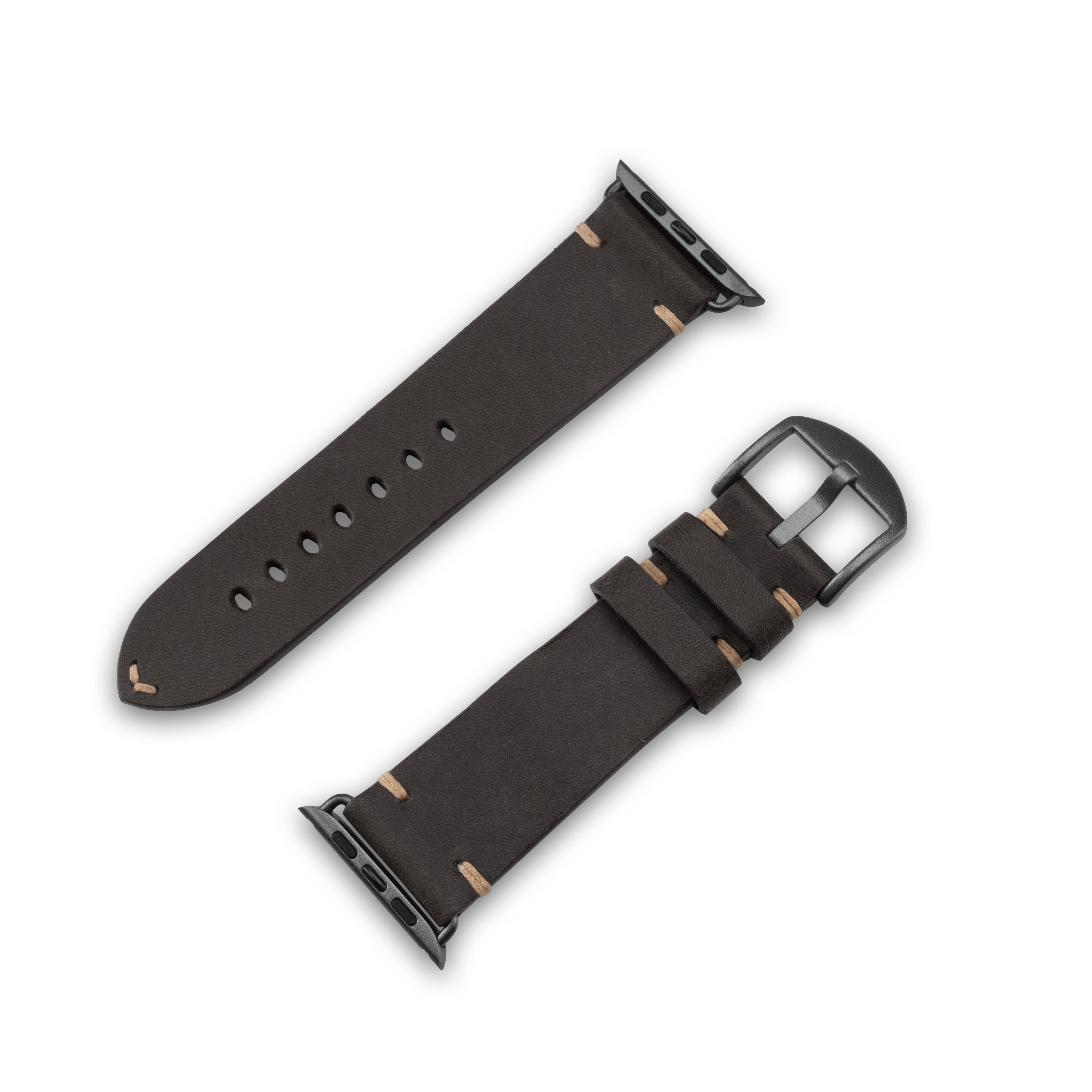 Braune Leder-Apple-Watch-Armbänder. Die Armbänder sind getrennt und haben schwarze Schnallen.