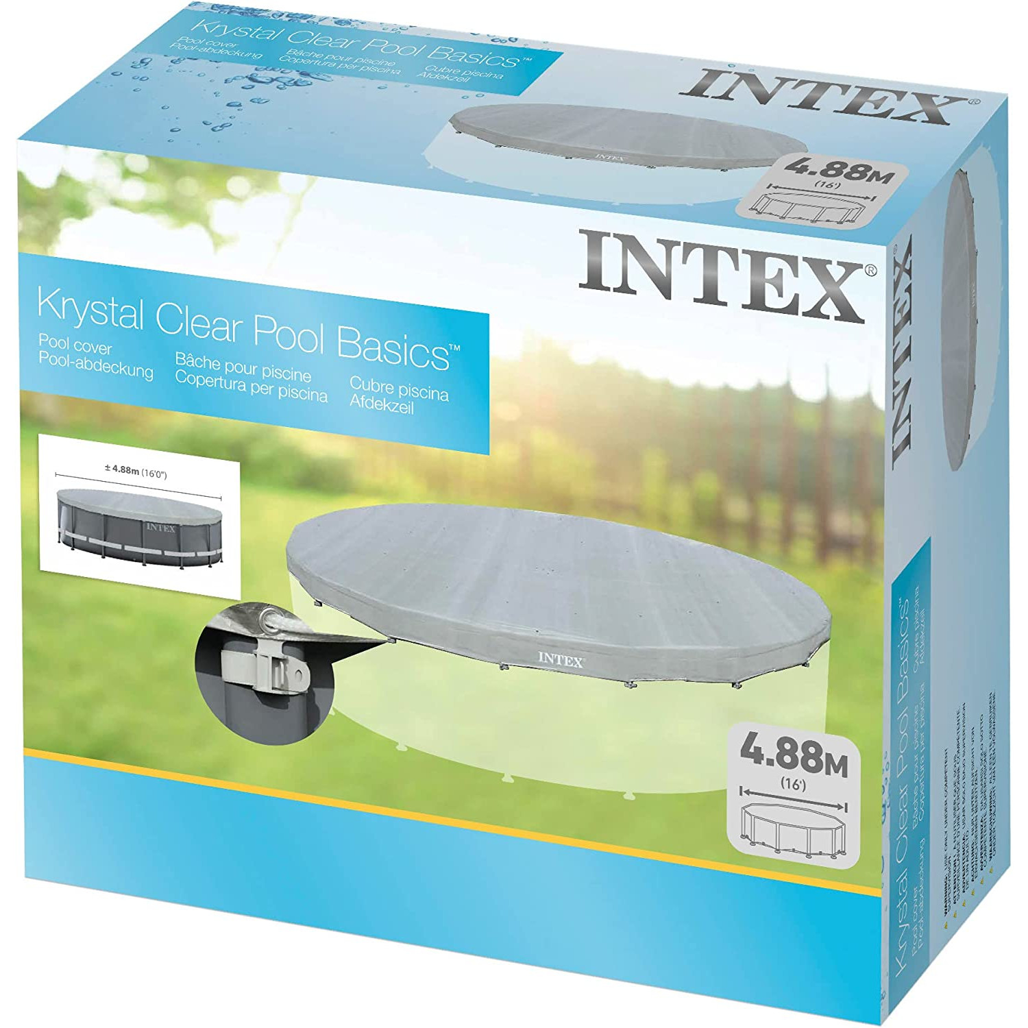 Pudełko na pokrywę Intex Krystal Clear Pool Basics. Tło: białe i jasnoniebieskie.