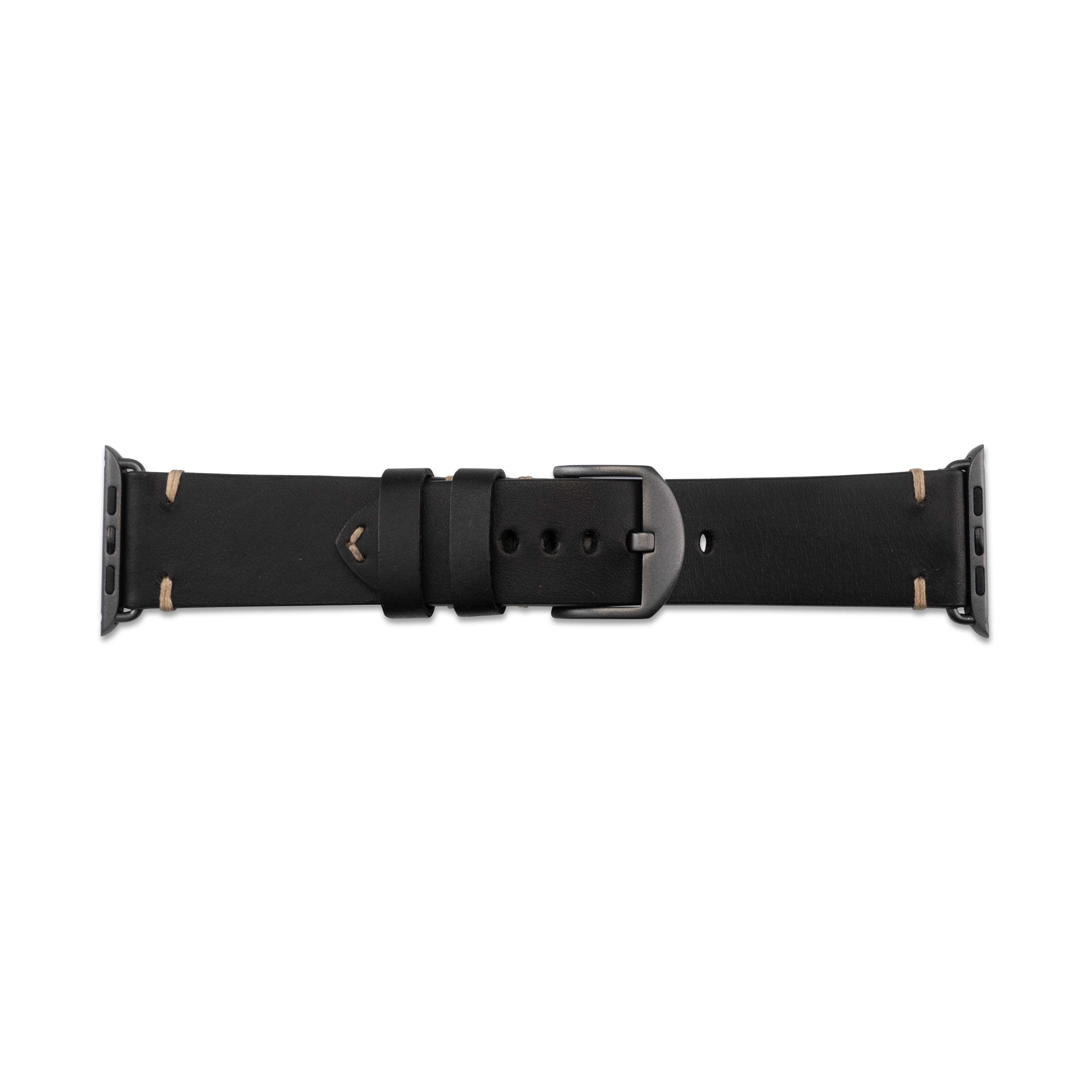Schwarzes Leder-Apple Watch-Armband mit schwarzer Schnalle. Das Band ist gerade.