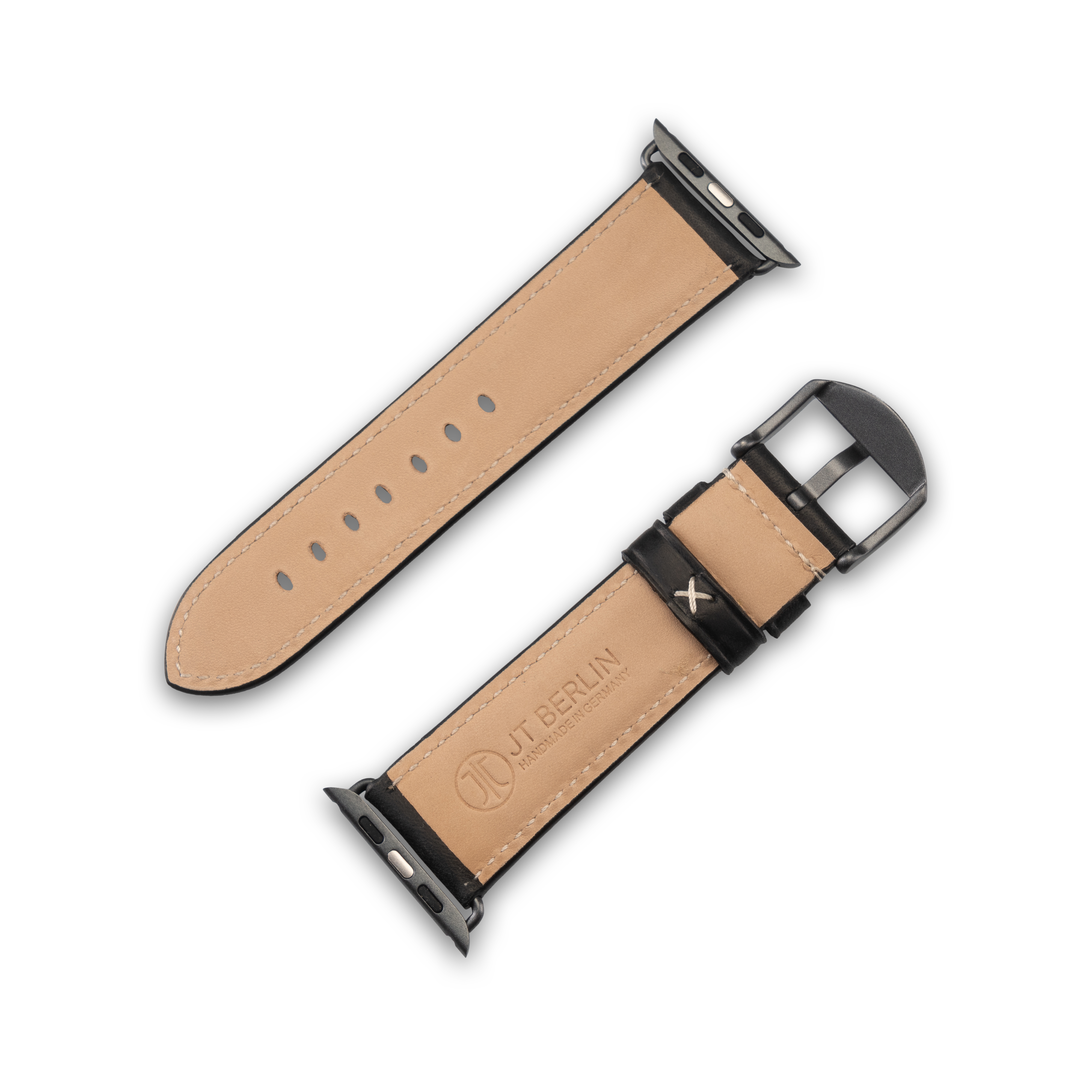 Uhrenarmband, schwarz mit heller Unterseite und schwarzer Schnalle.