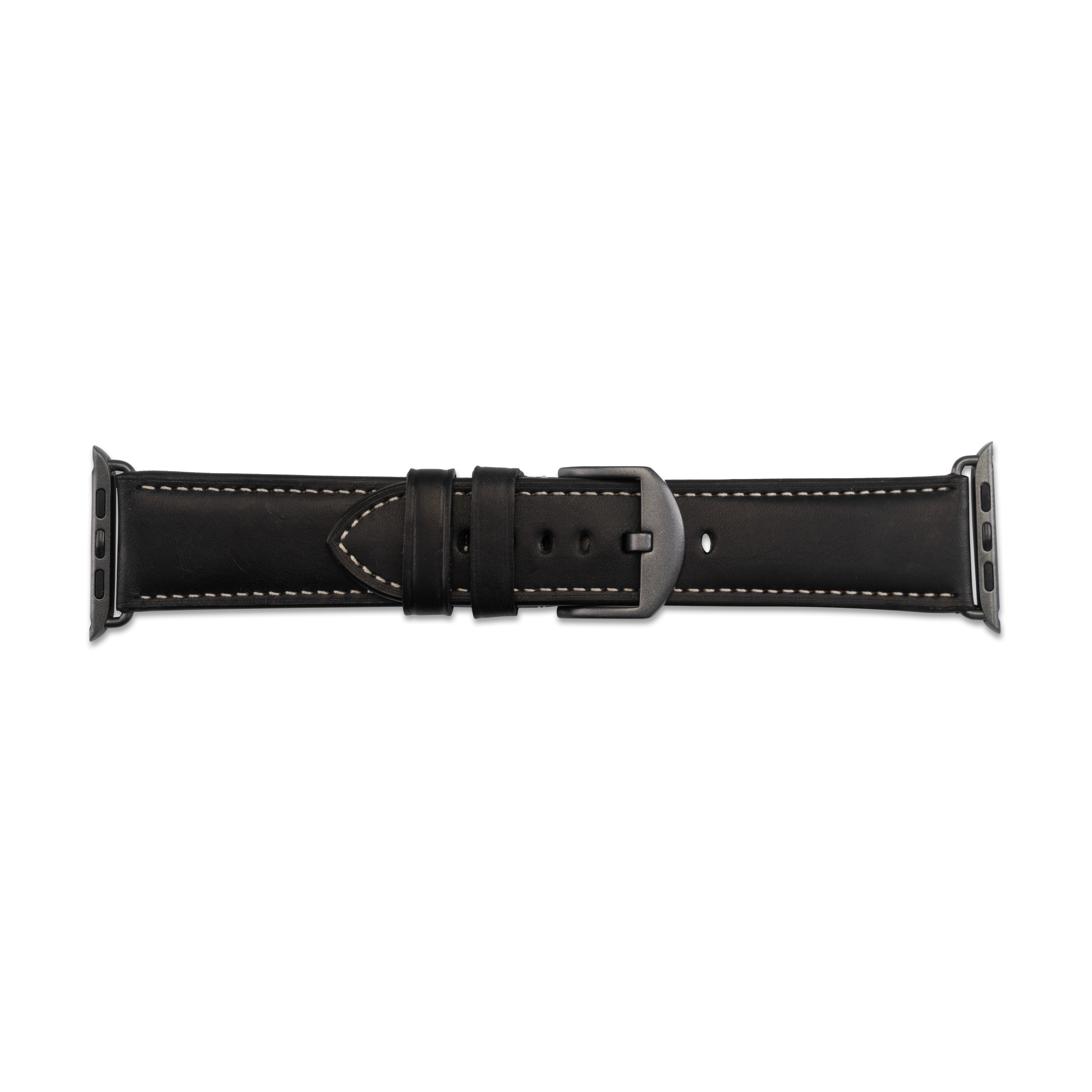 Schwarzes Lederarmband mit weißen Nähten und schwarzer Schnalle.