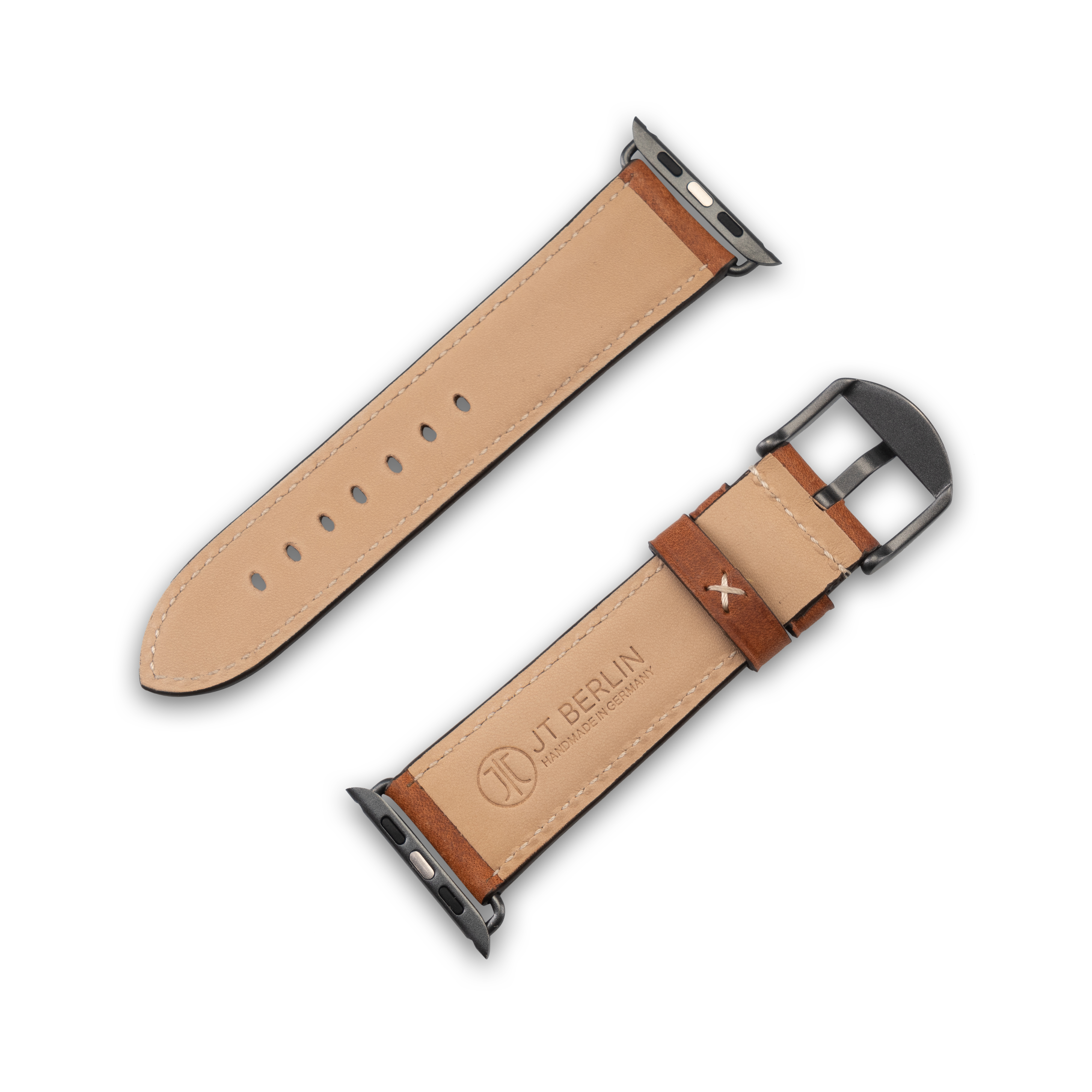 Zwei Uhrenarmbänder, eines braun und eines hellbraun, auf weißem Hintergrund.