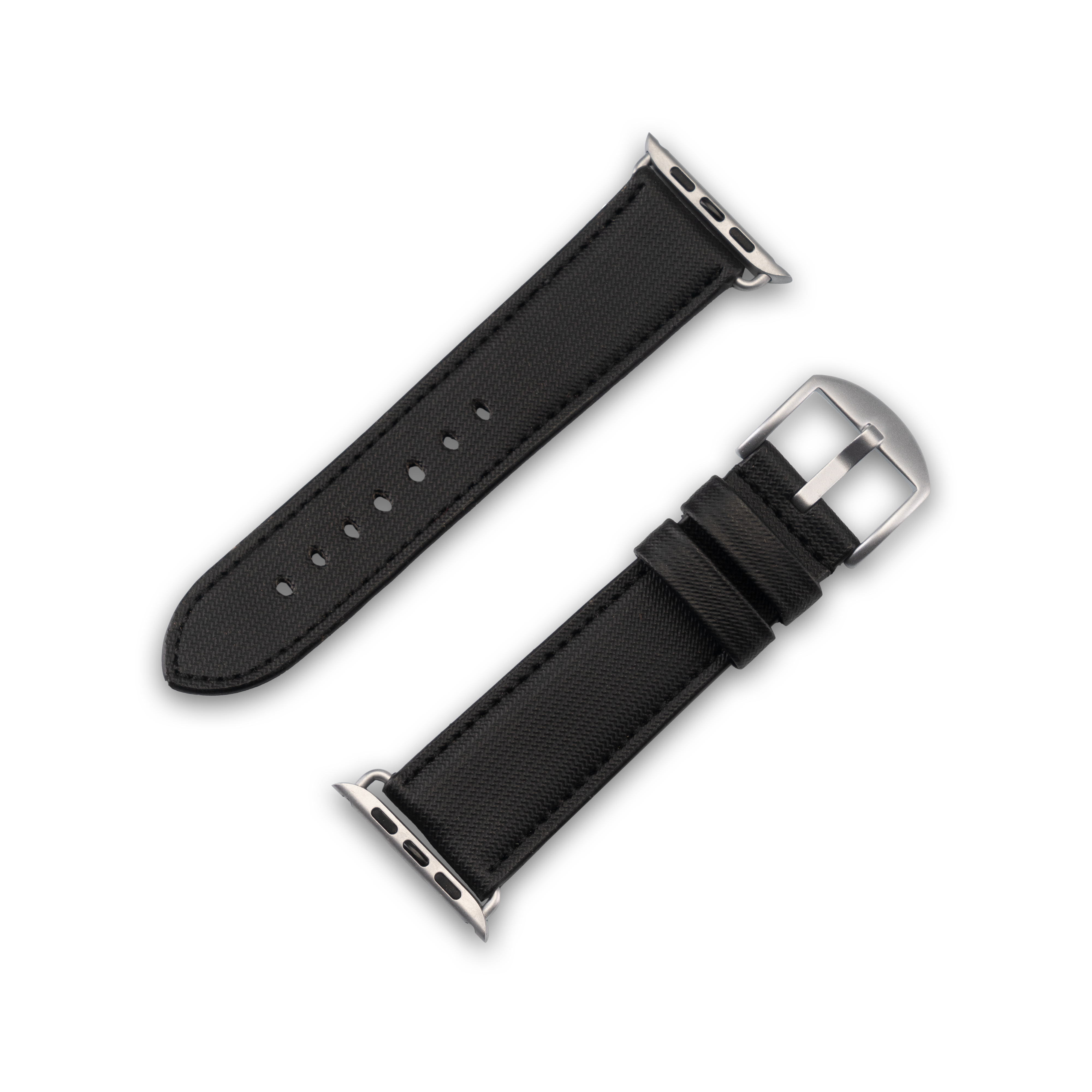 Getrenntes schwarzes Apple Watch Armband. Das Band hat silberne Anschlüsse und eine Schnalle.