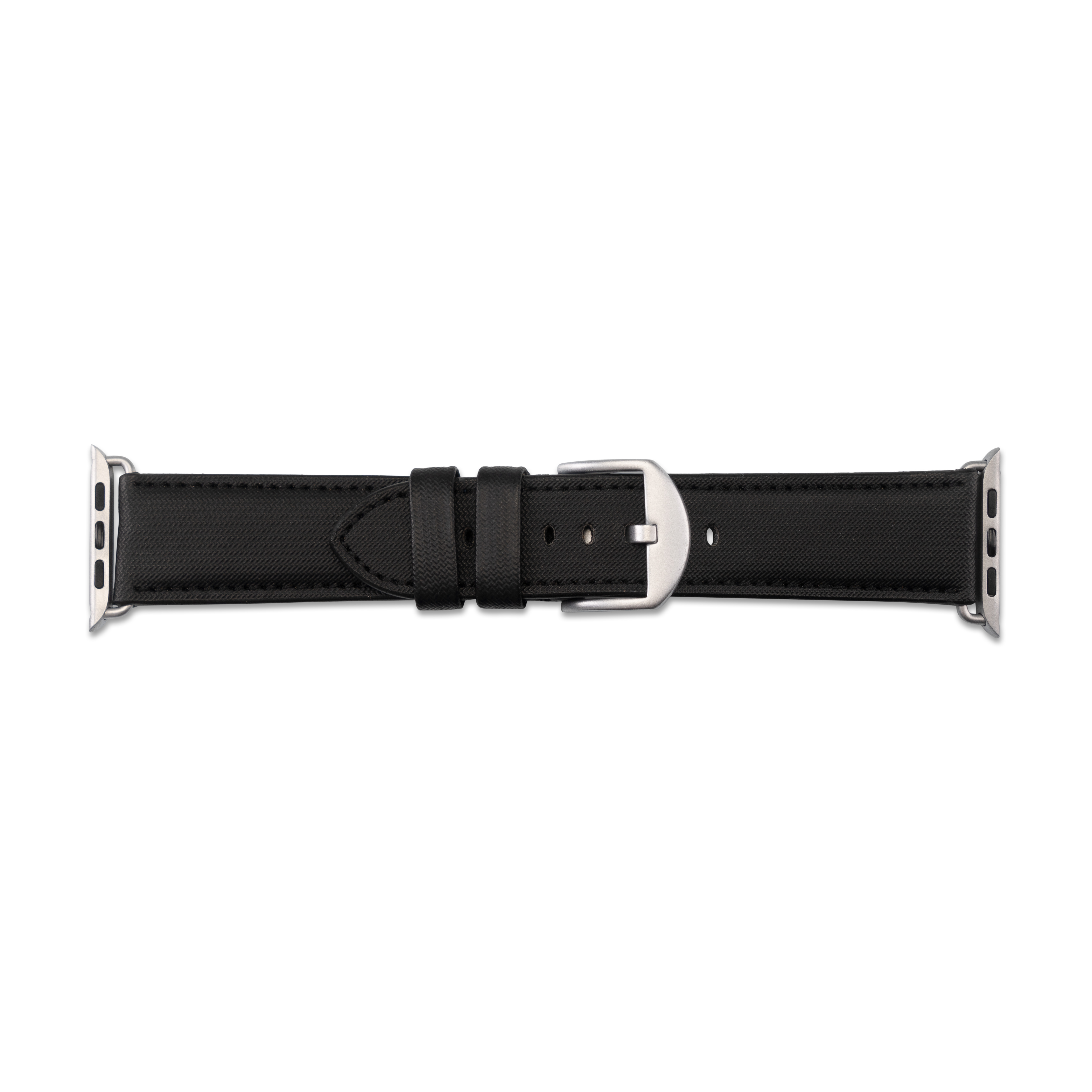 Ein schwarzes Lederarmband mit silberner Schnalle auf weißer Oberfläche.