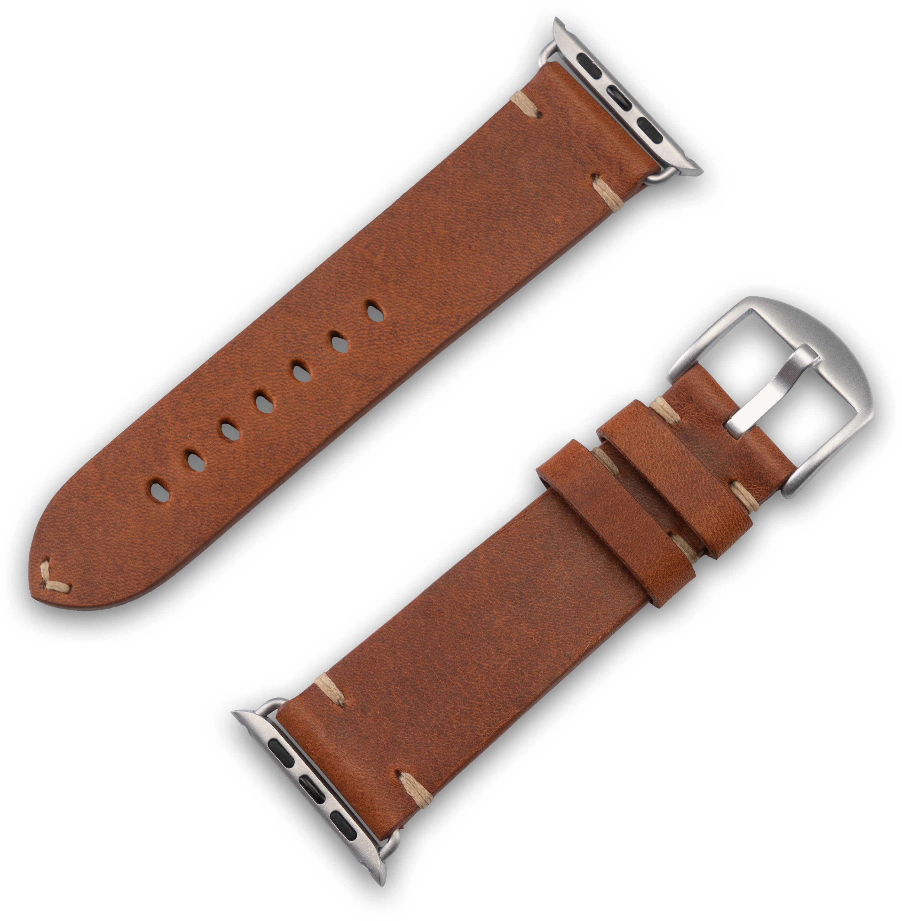 Zwei braune Lederarmbänder auf weißer Oberfläche. Silberne Verbinder und Schnalle sind sichtbar.