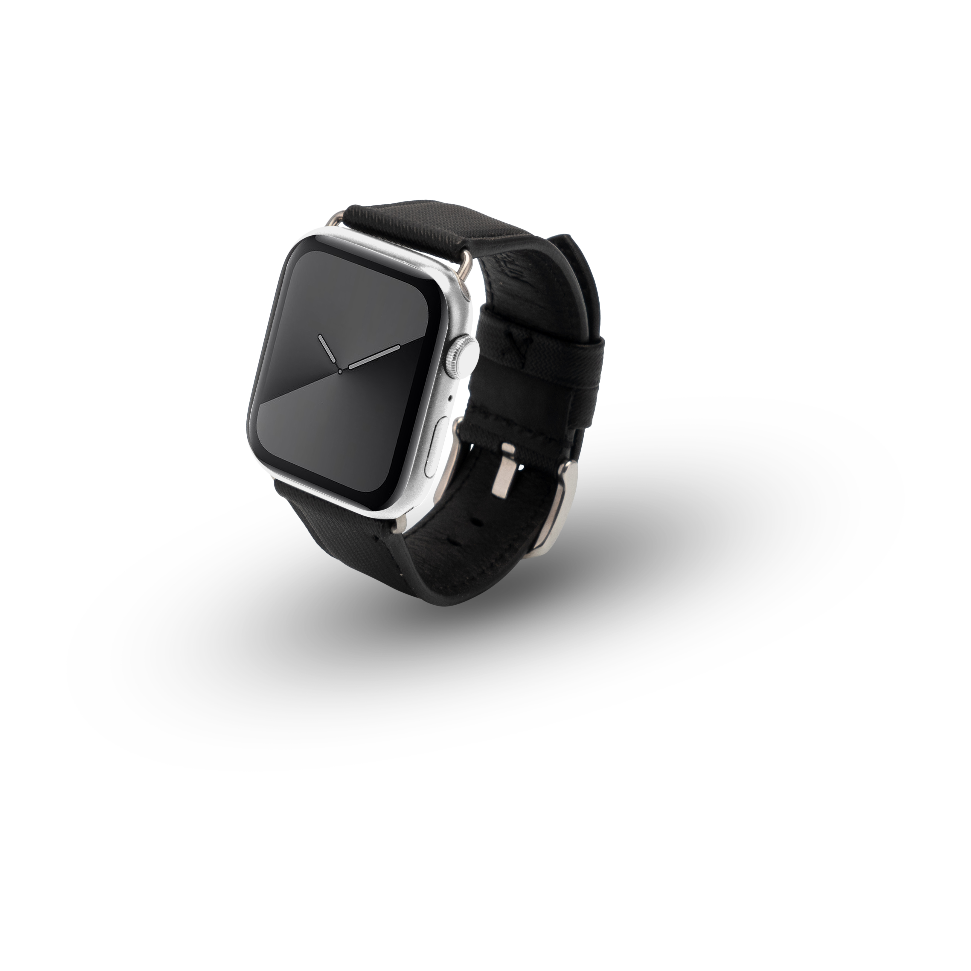 Uhr mit schwarzem Armband auf weißer Oberfläche. Weißer Hintergrund.
