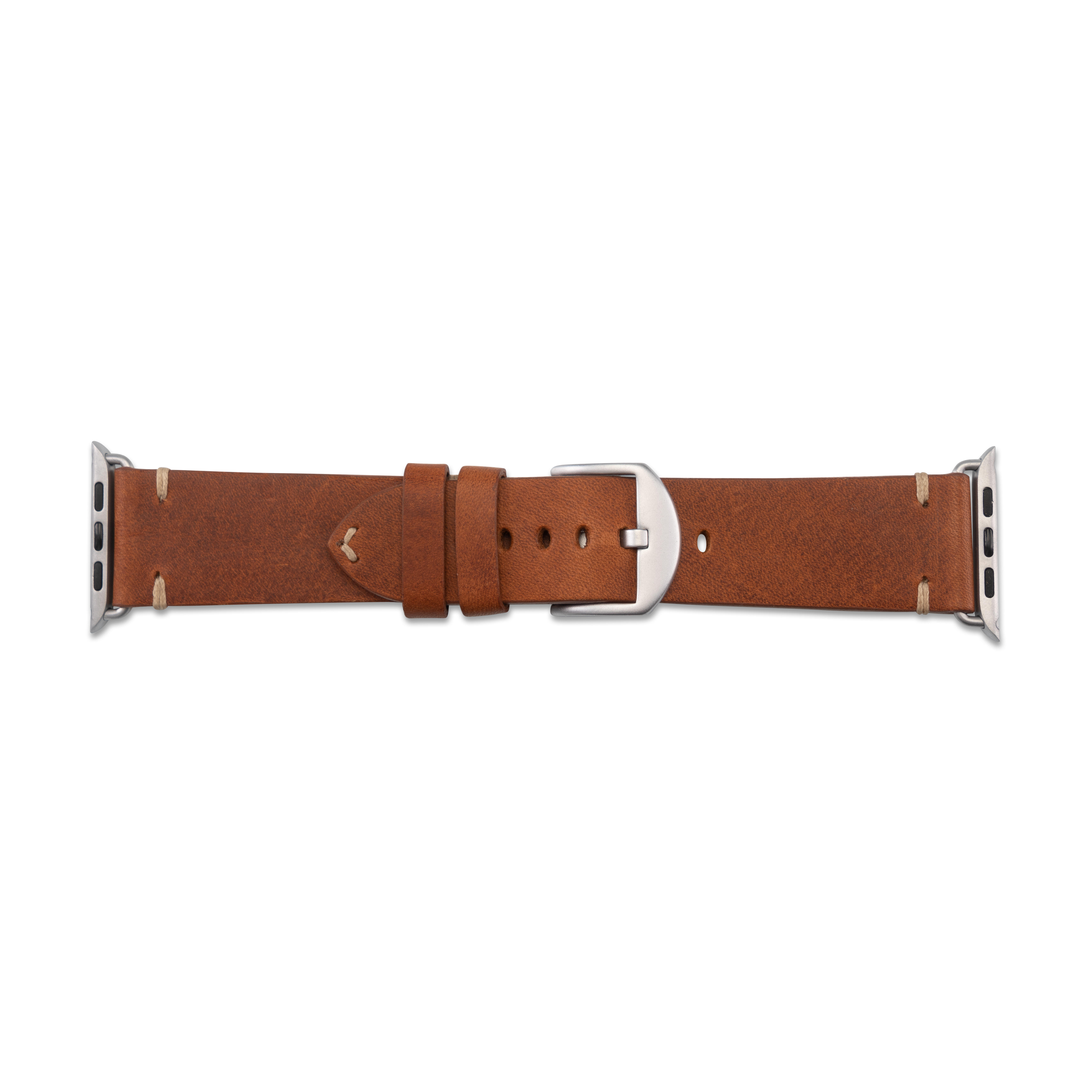 Braunes Lederarmband mit silberner Schnalle, flach auf weißem Hintergrund liegend.