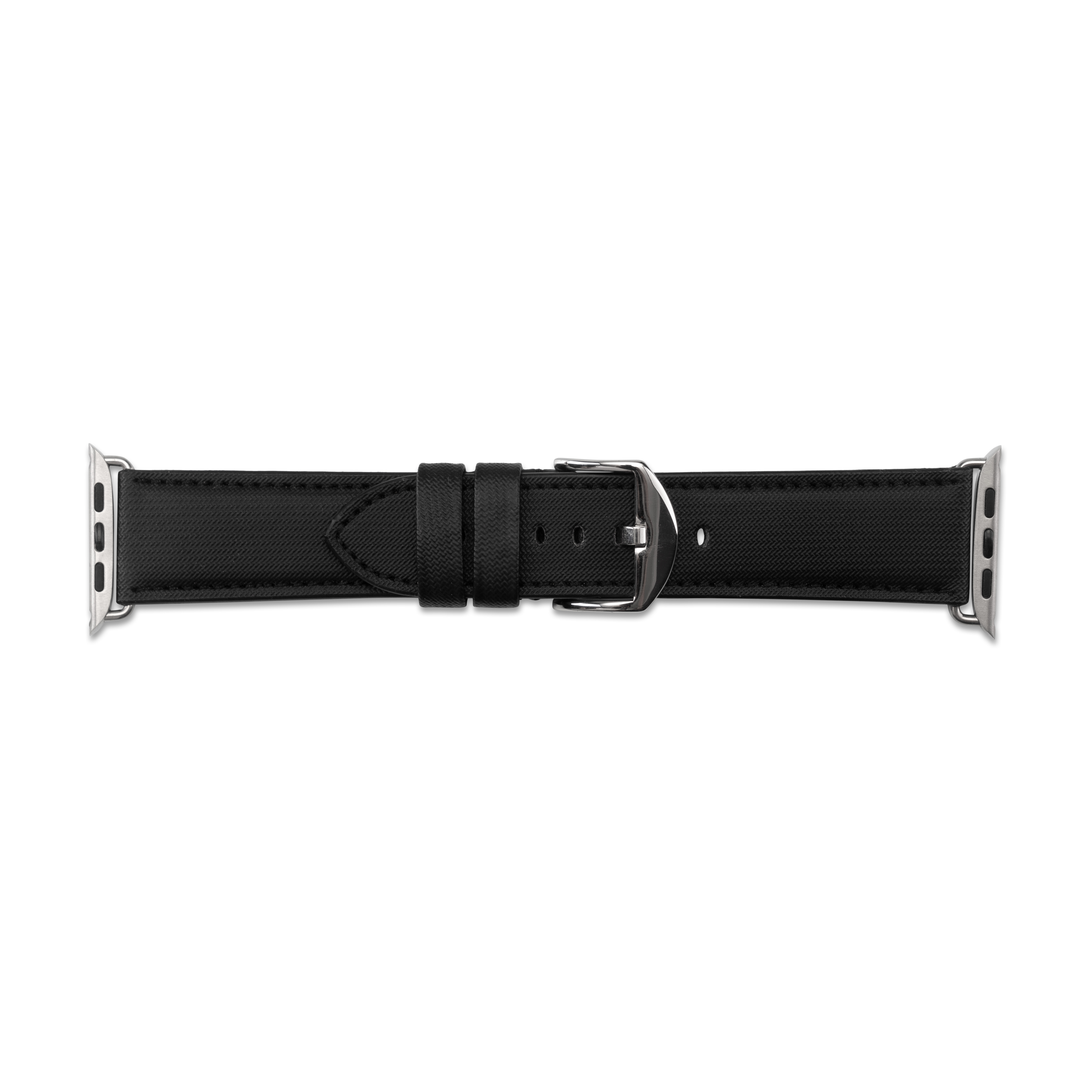 Ein schwarzes Lederarmband mit silbernen Metallbefestigungen und einer Schnalle.