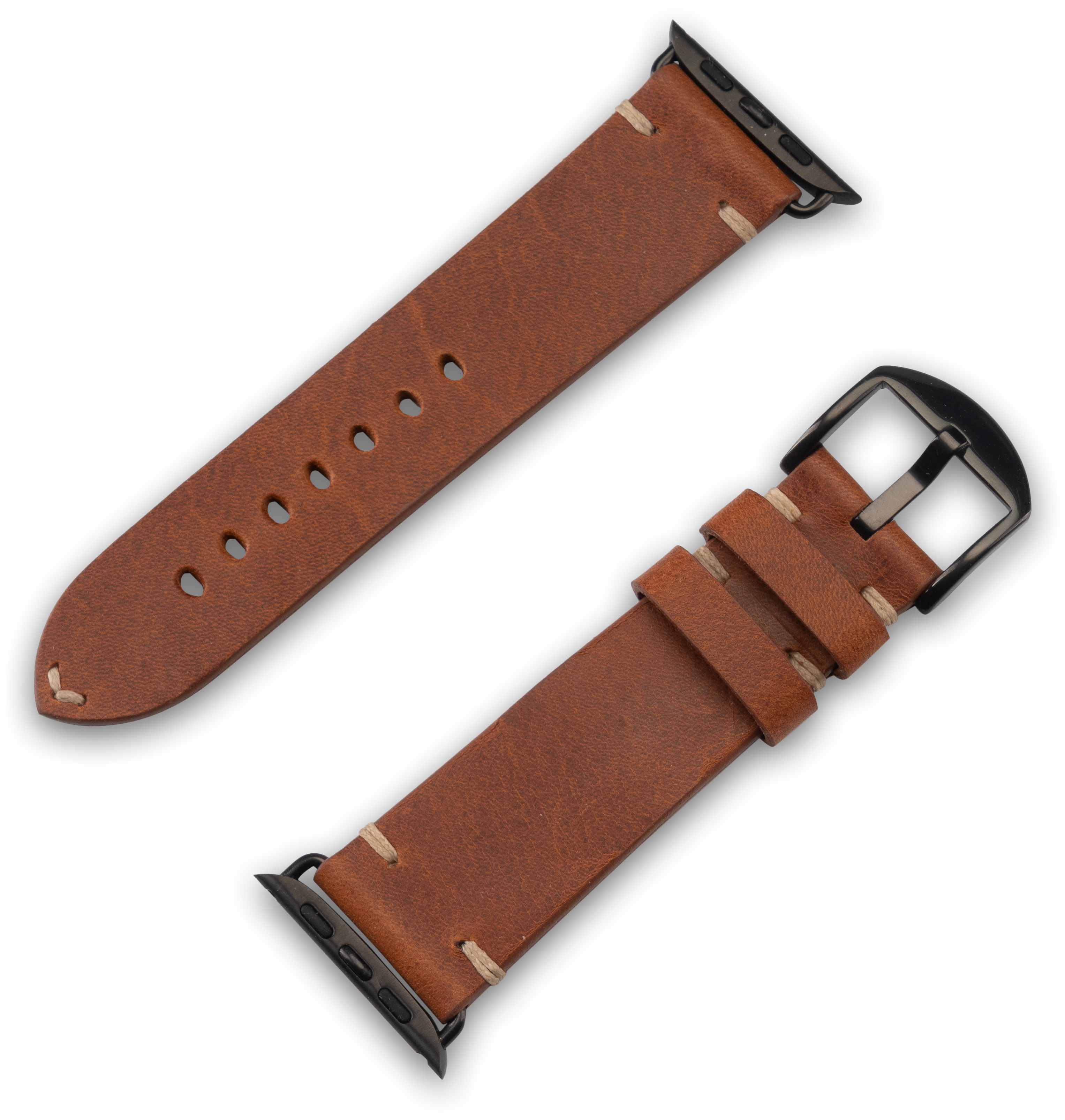 Braune Lederarmbänder mit schwarzer Schnalle und schwarzen Anschlüssen.