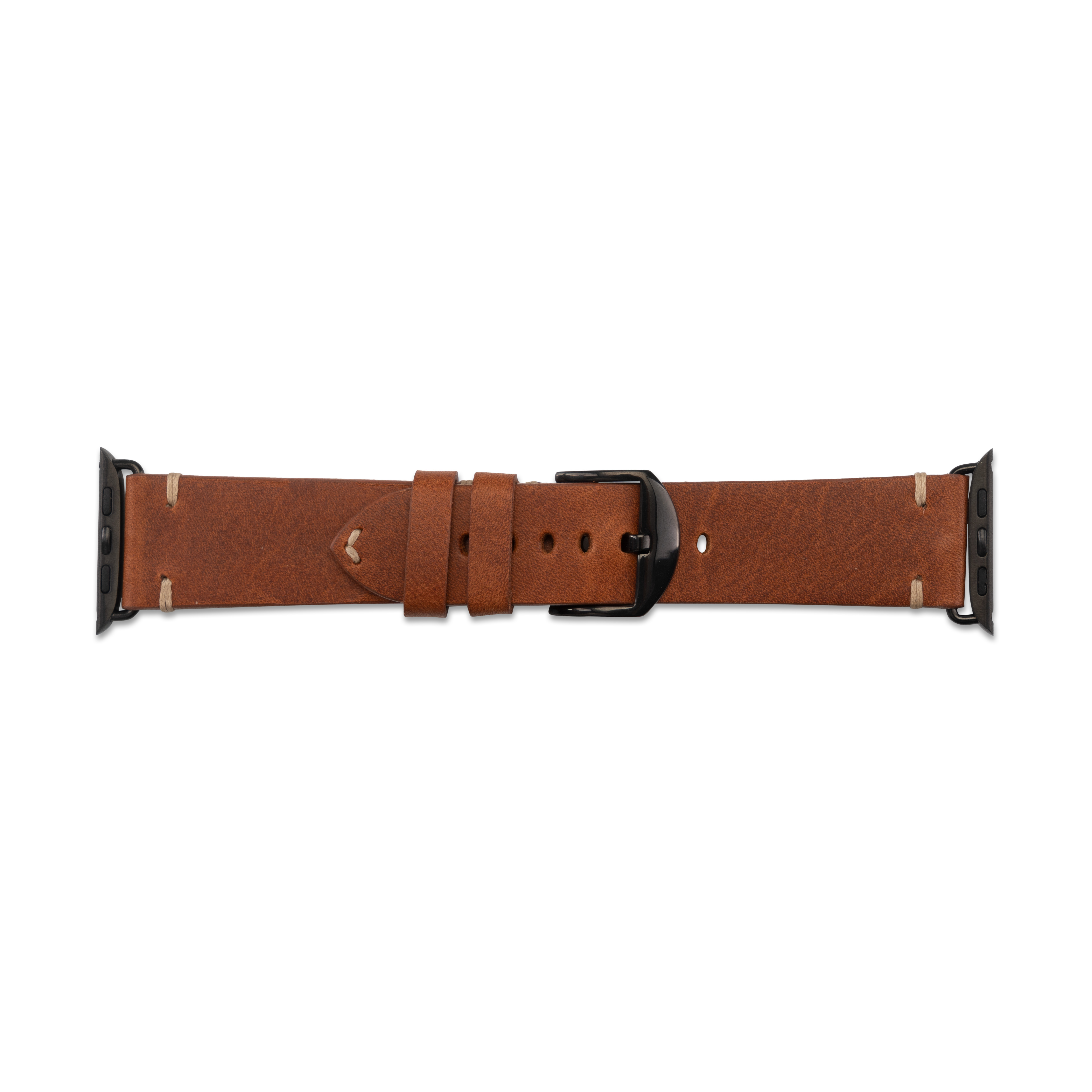 Ein braunes Lederuhrenarmband mit schwarzer Hardware.