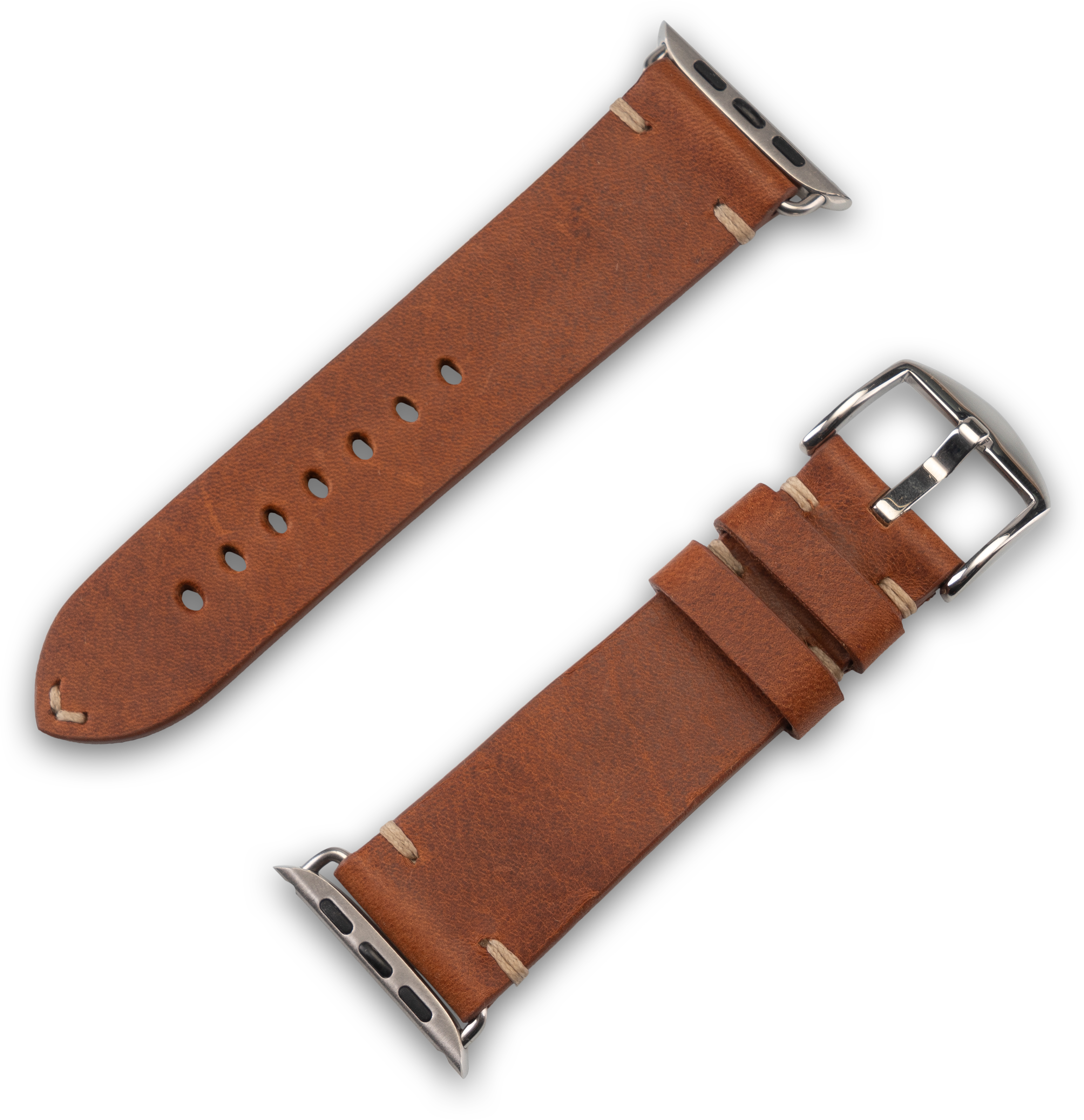 Zwei braune Leder-Uhrenarmbänder mit Metallverschlüssen, auf weißem Untergrund.