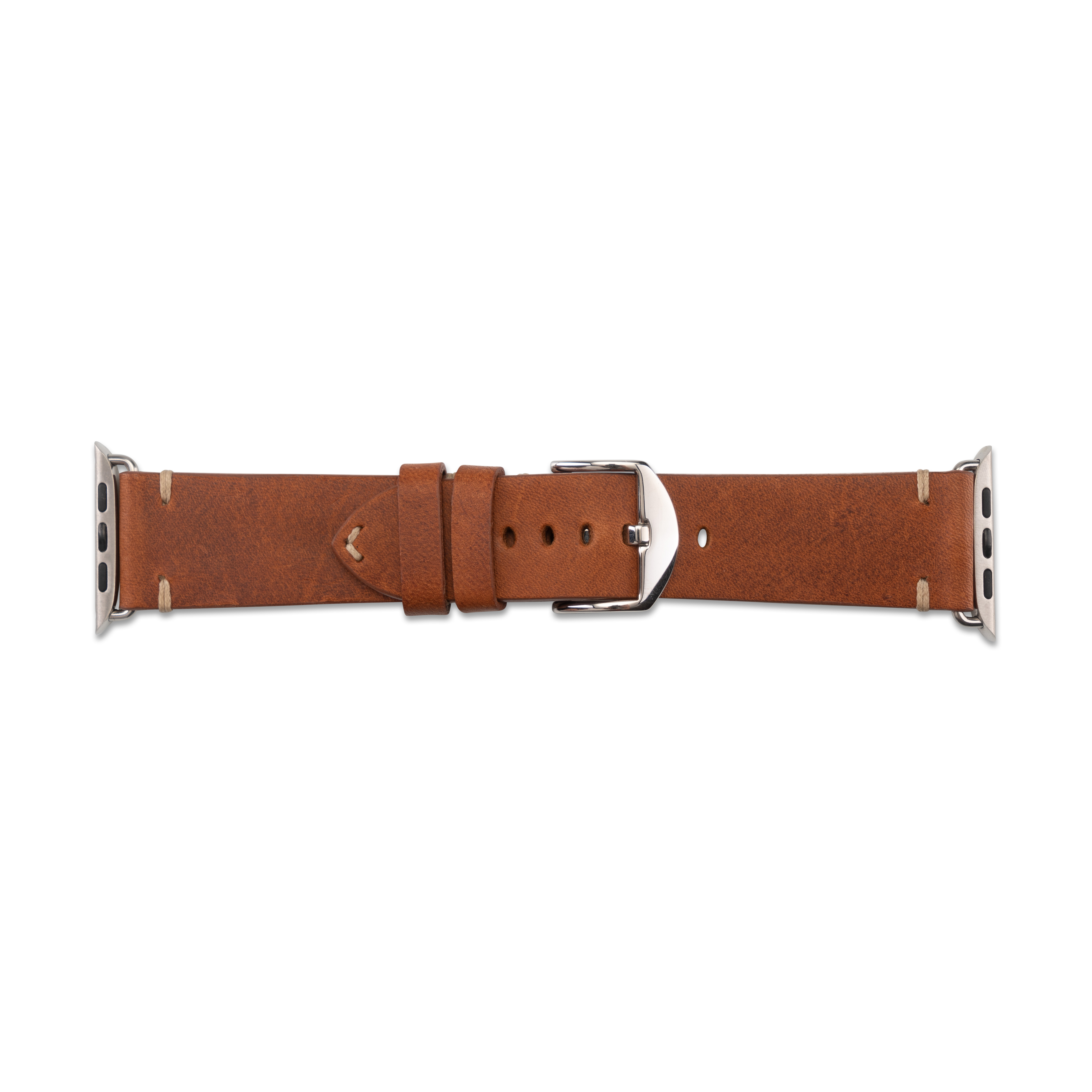 Ein braunes Lederarmband mit silberner Schnalle. Das Armband hat Nähte. Der Uhrenanschluss ist sichtbar.