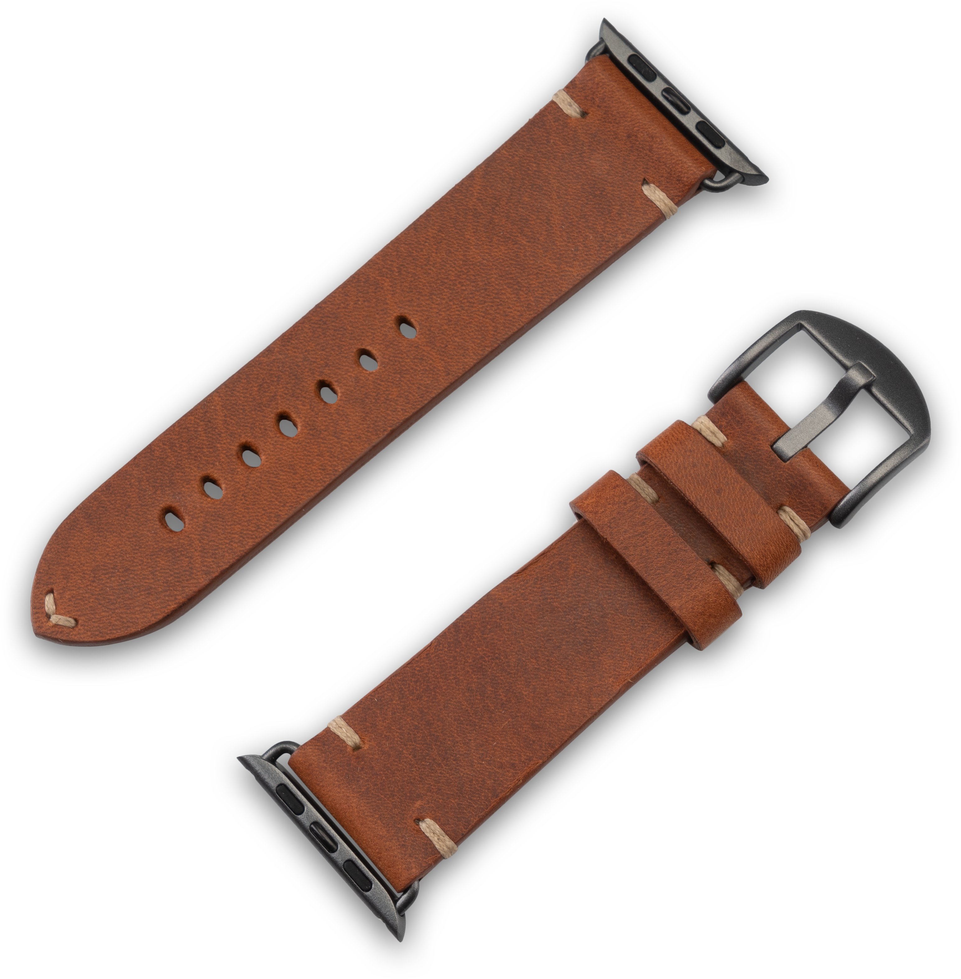 Zwei braune Leder-Uhrenarmbänder. Sie haben schwarze Schnallen und Nähte.