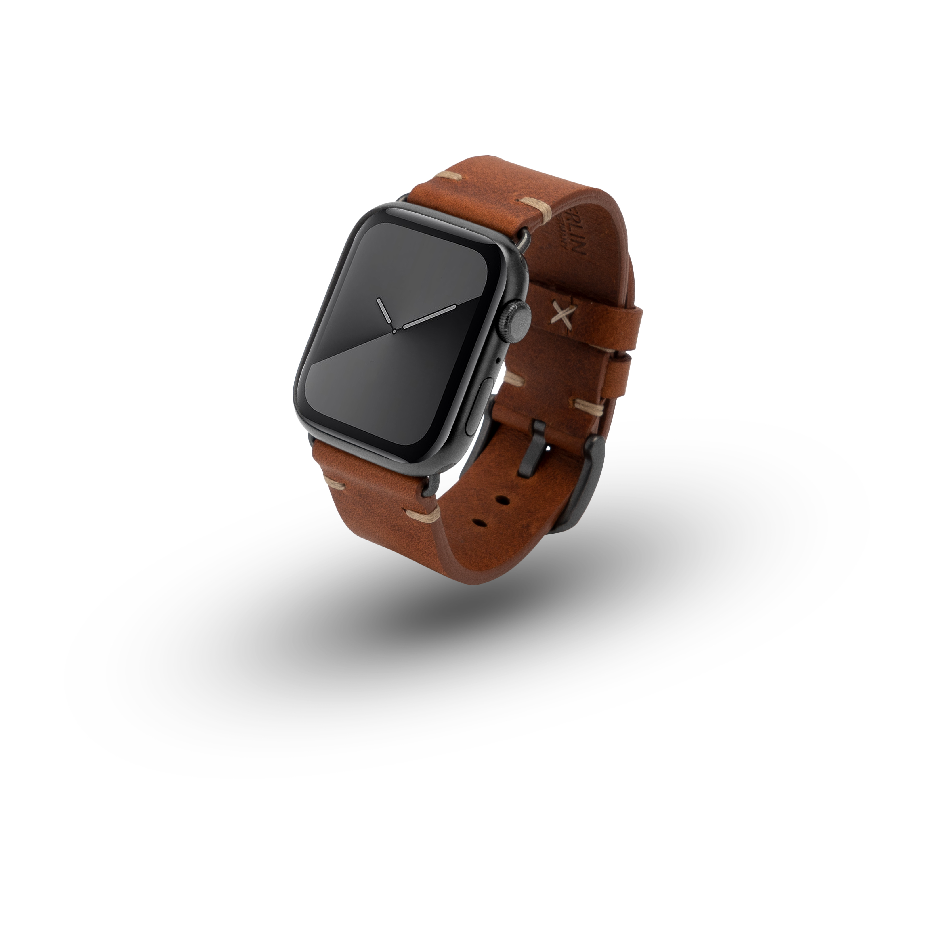 Schwarze Smartwatch mit braunem Lederband. Die Uhr ist kreisförmig mit schwarzem Bildschirm.