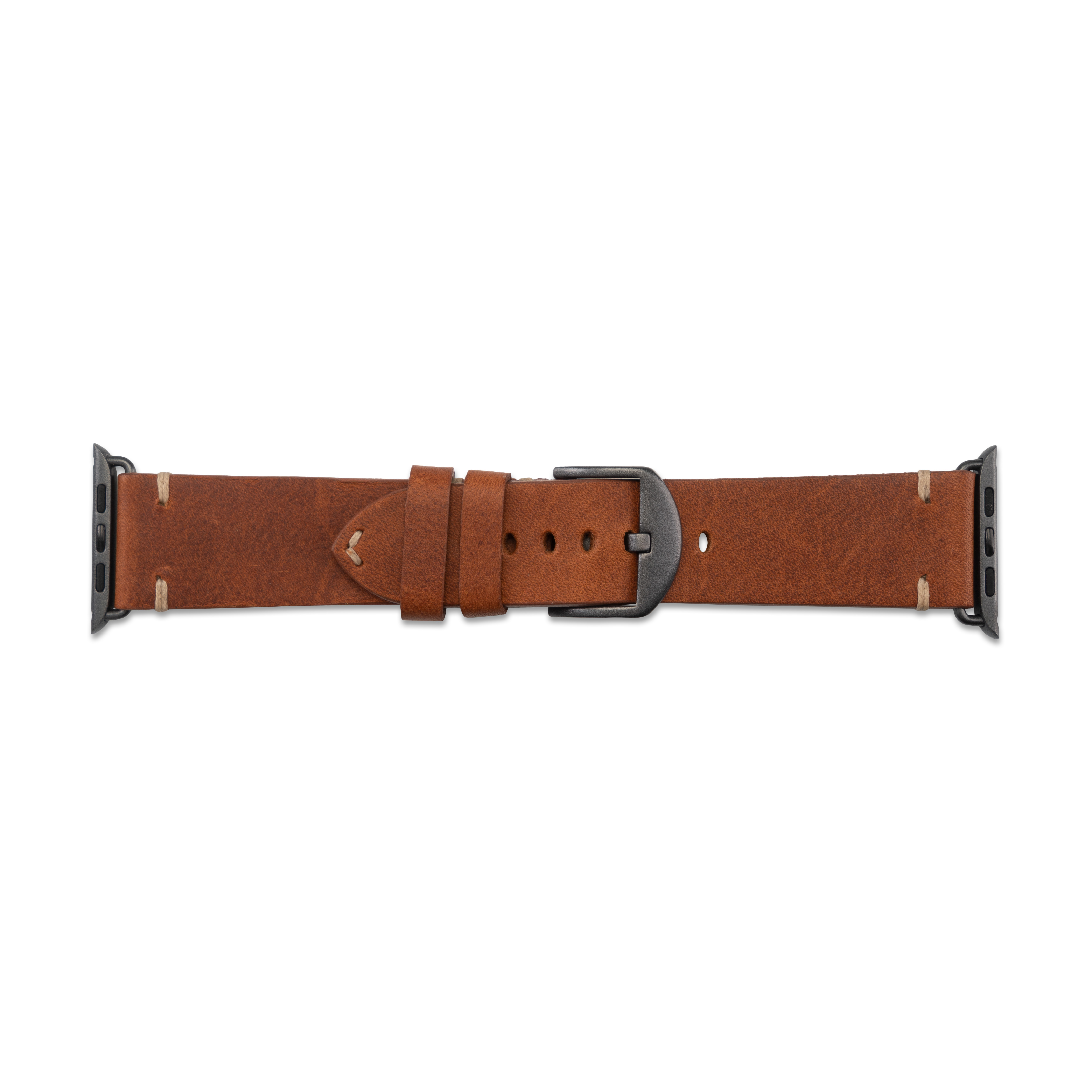 Ein braunes Leder-Uhrenarmband mit dunkler Schnalle. Das Band hat hellfarbige Nähte.