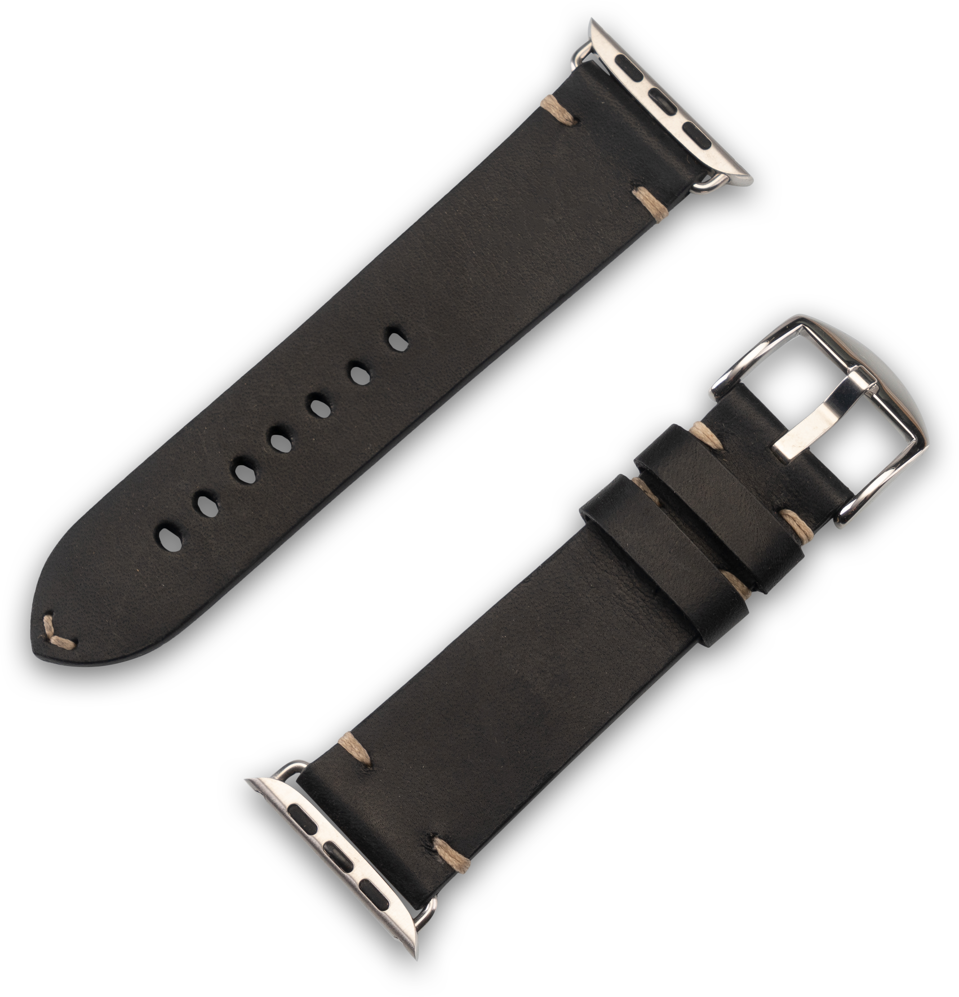 Schwarzes Lederarmband mit silbernen Verschlüssen, auf weißem Hintergrund.