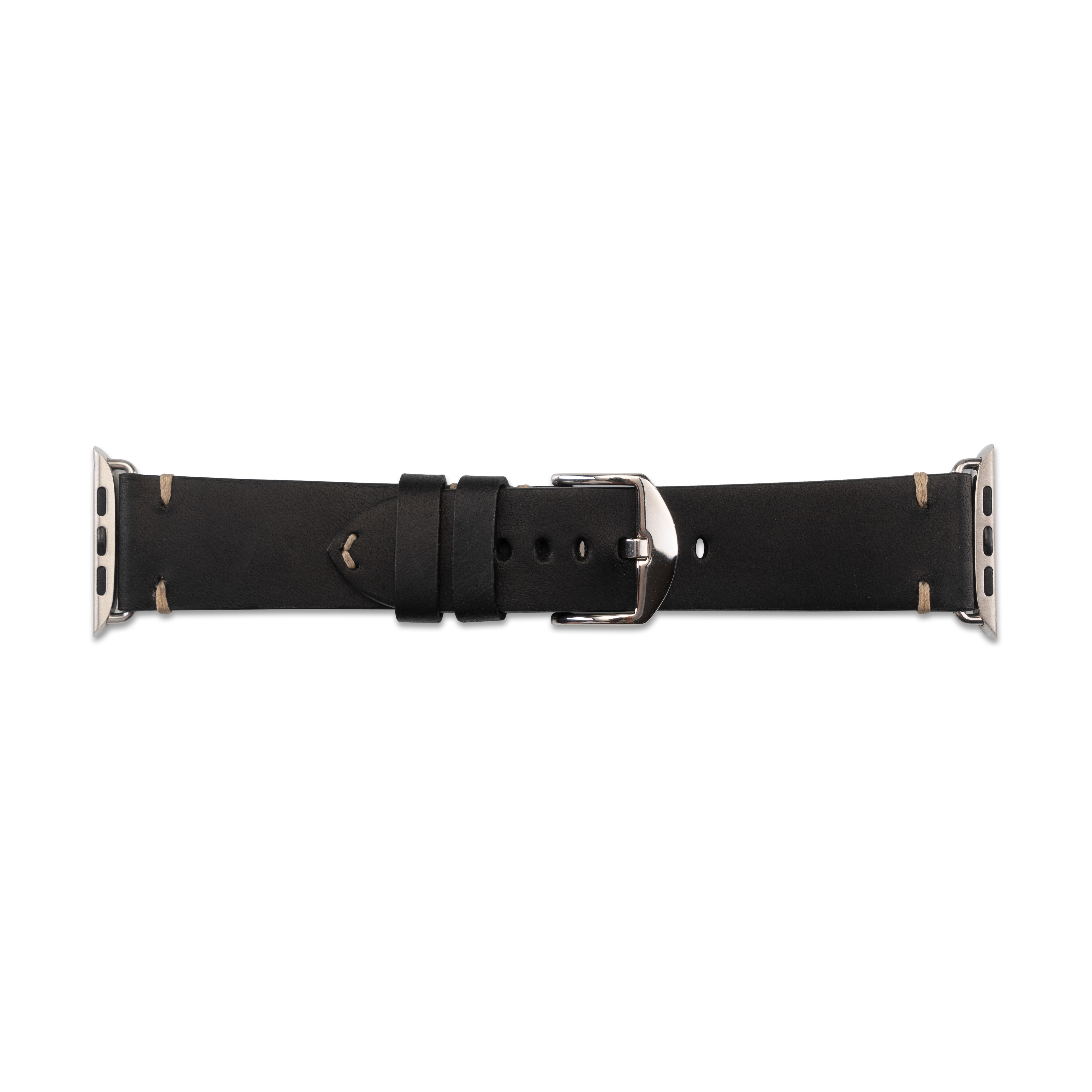 Schwarzes Leder-Uhrenarmband mit silberfarbener Hardware. Schnalle ist silber.