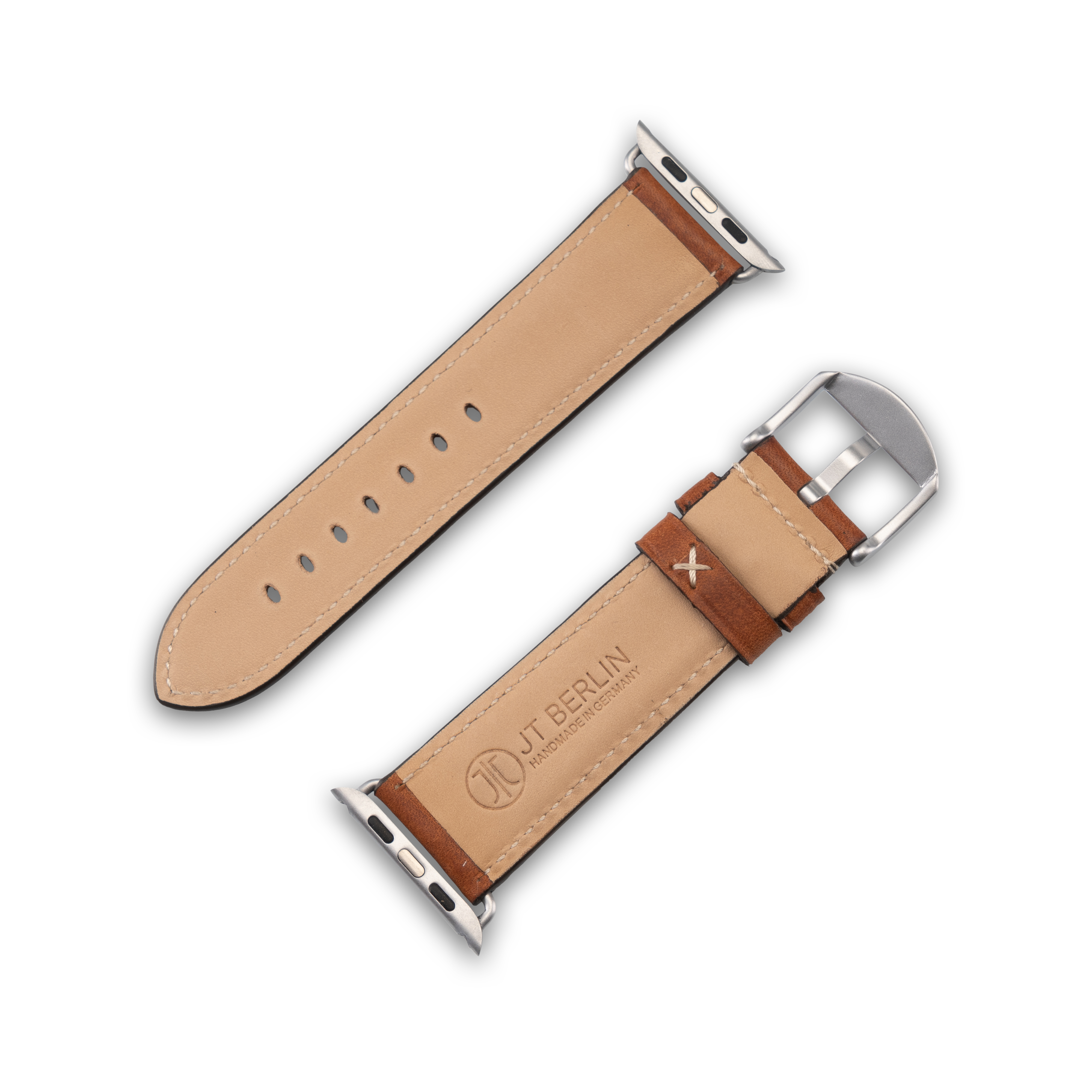 Zweiteiliges braunes Leder-Uhrenarmband. Der Markenname "JT. BERLIN" ist sichtbar.