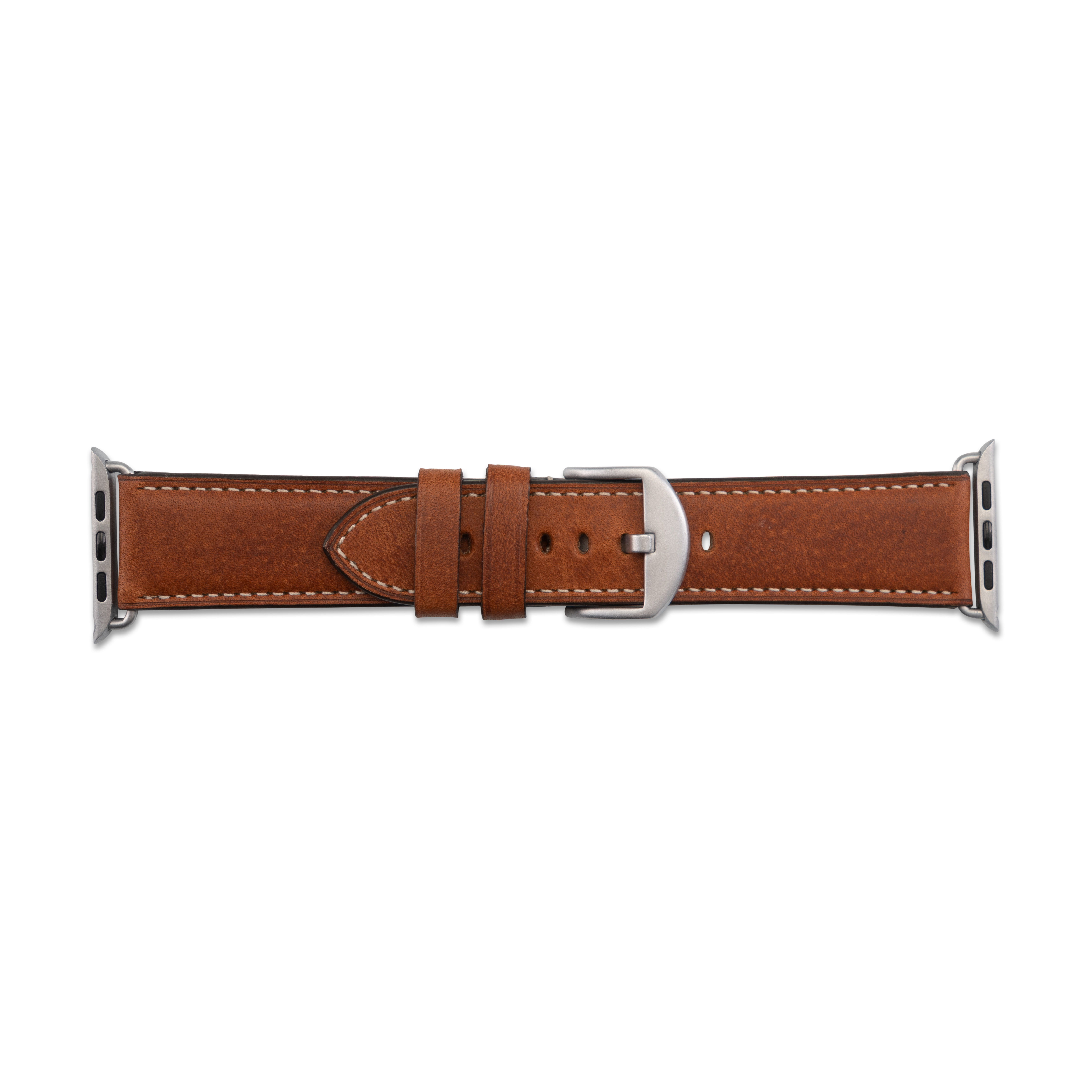 Braunes Lederarmband mit silberner Schnalle. Das Band ist genäht und hat Löcher für die Schnalle.