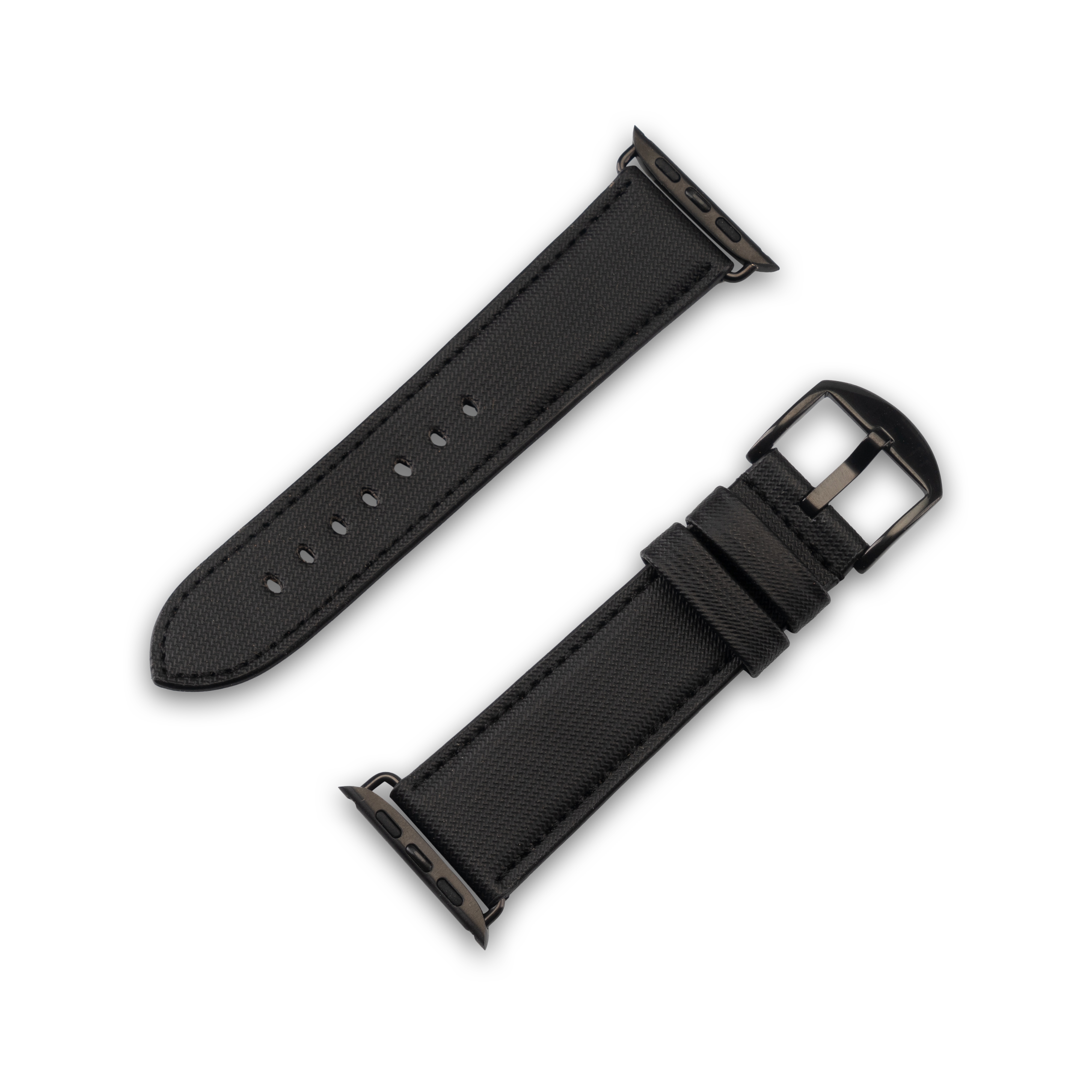 Schwarzes Apple Watch-Armband mit schwarzen Anschlüssen und einer schwarzen Schnalle. Es ist auf weißem Hintergrund.