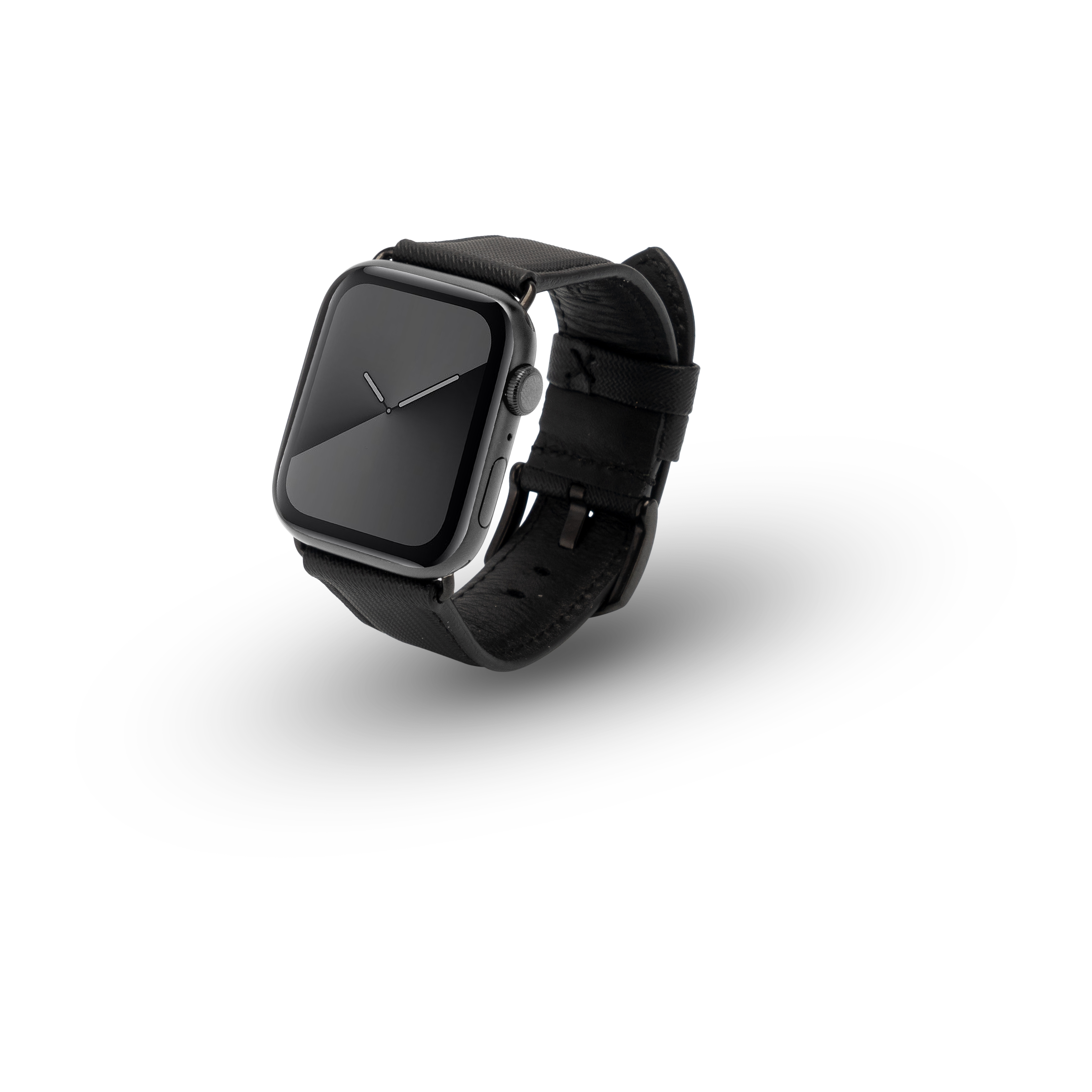 Apple Watch mit schwarzem Lederarmband, das Zifferblatt anzeigend.