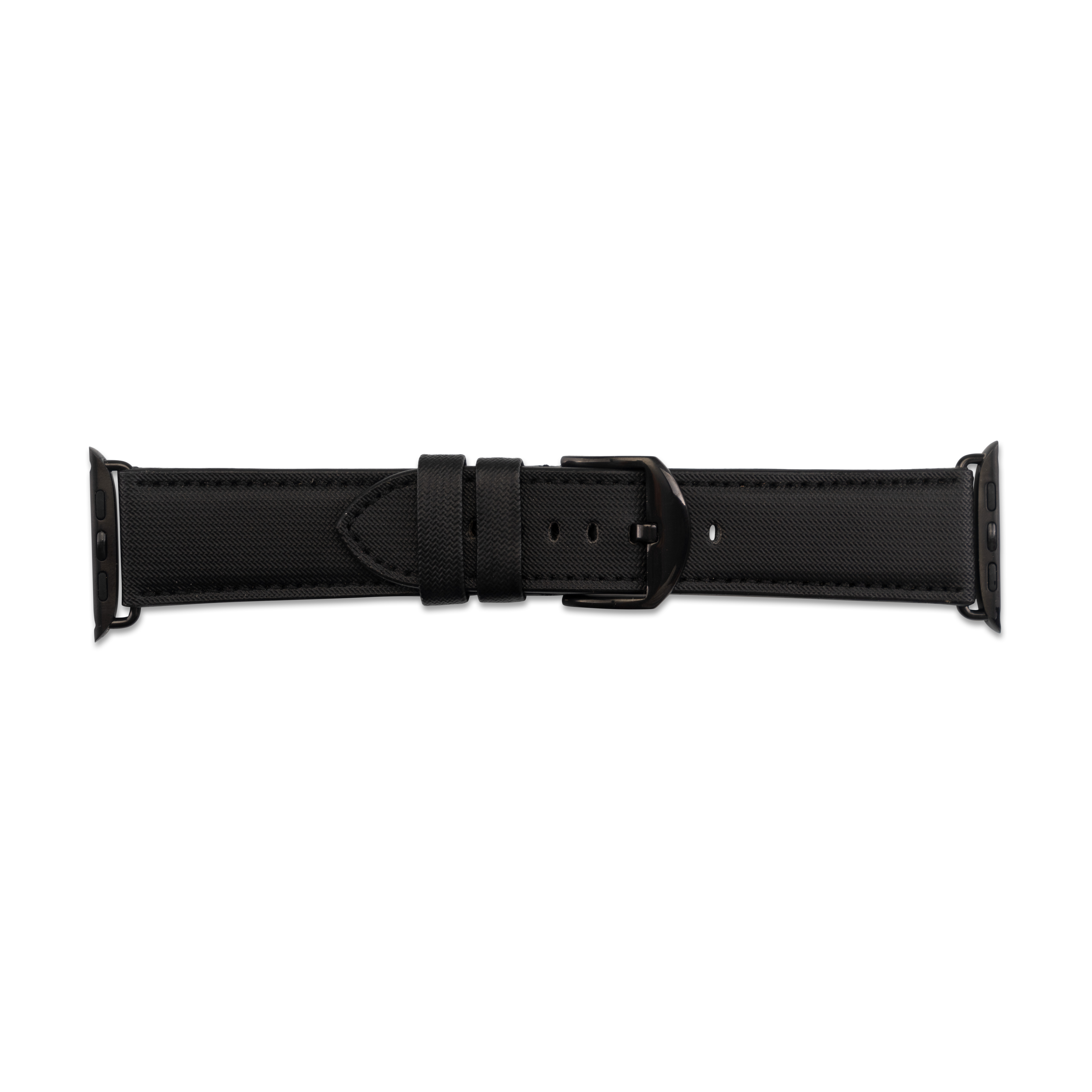 Ein schwarzes Uhrenarmband mit schwarzer Schnalle.
