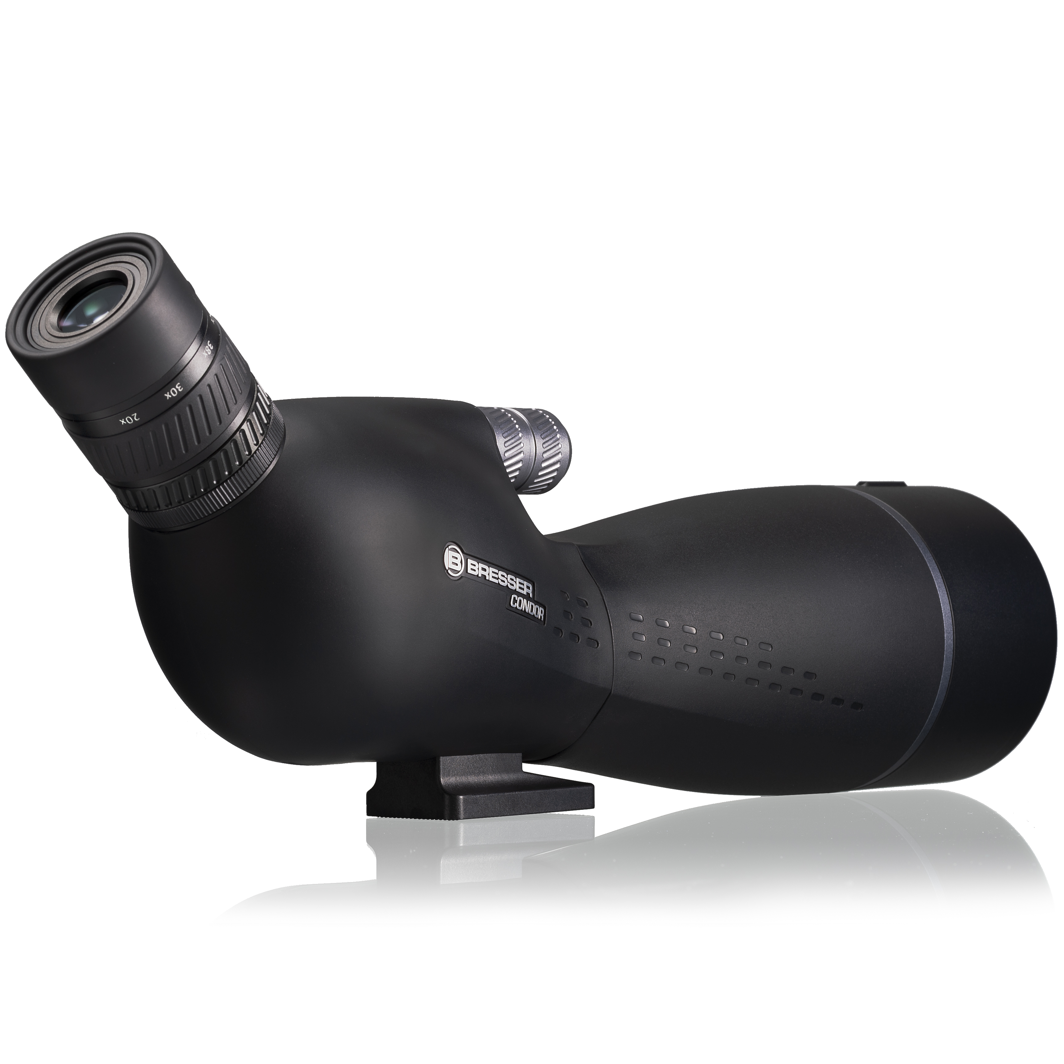 Telescopio terrestre negro con un ocular en ángulo. El telescopio está sobre un fondo blanco.