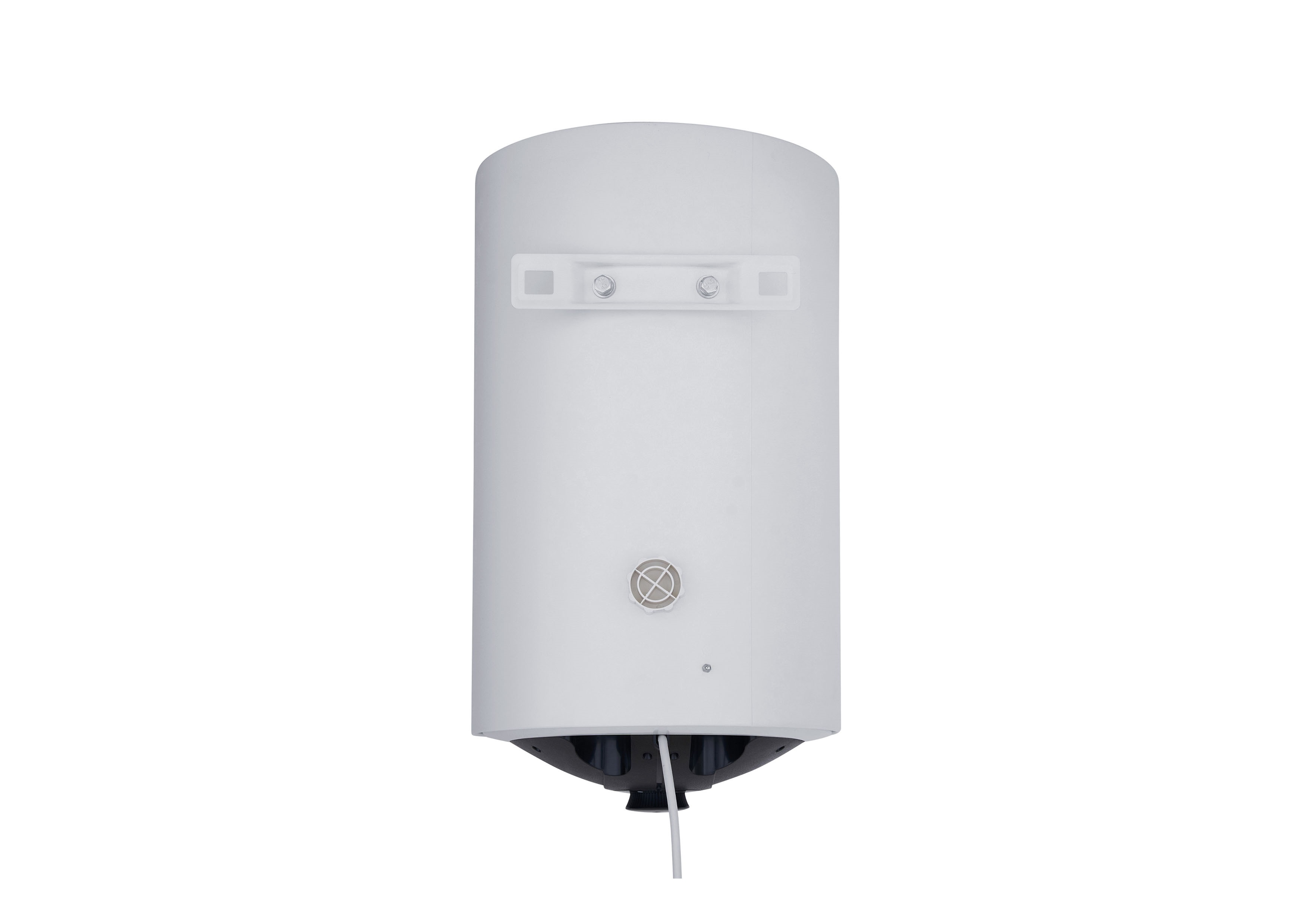 Ein weißer, zylindrischer Boiler mit Befestigungslöchern und einem Lüftungsgitter.