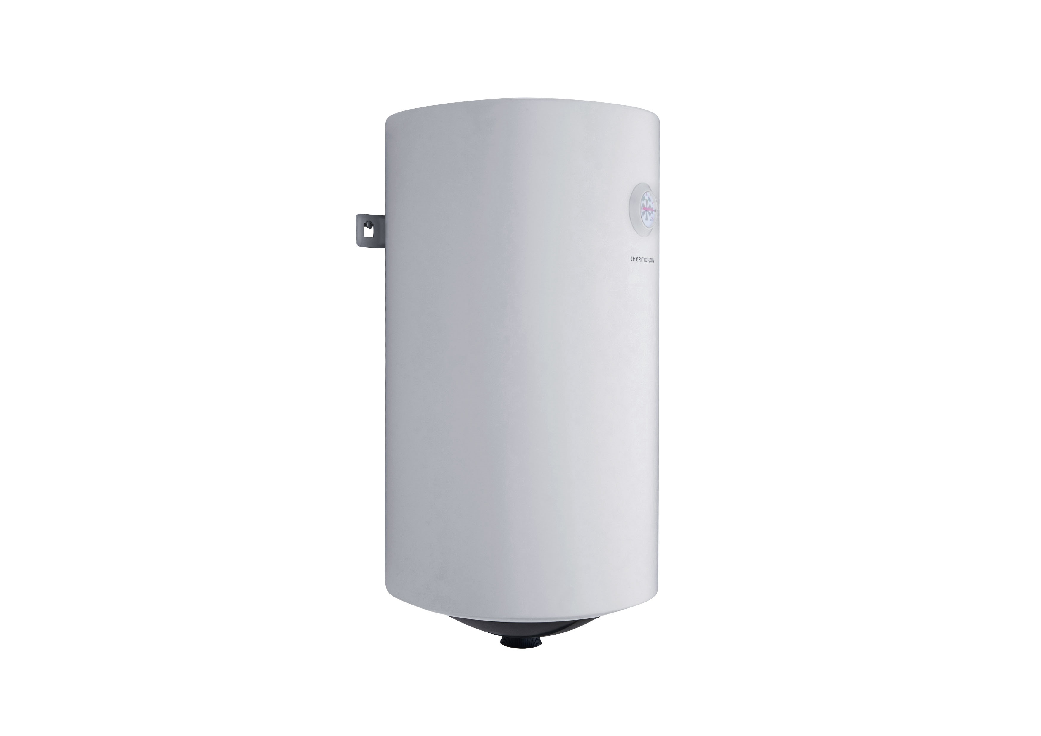 Ein weißer, zylindrischer Warmwasserbereiter mit einem schwarzen Boden und einer Temperaturanzeige.