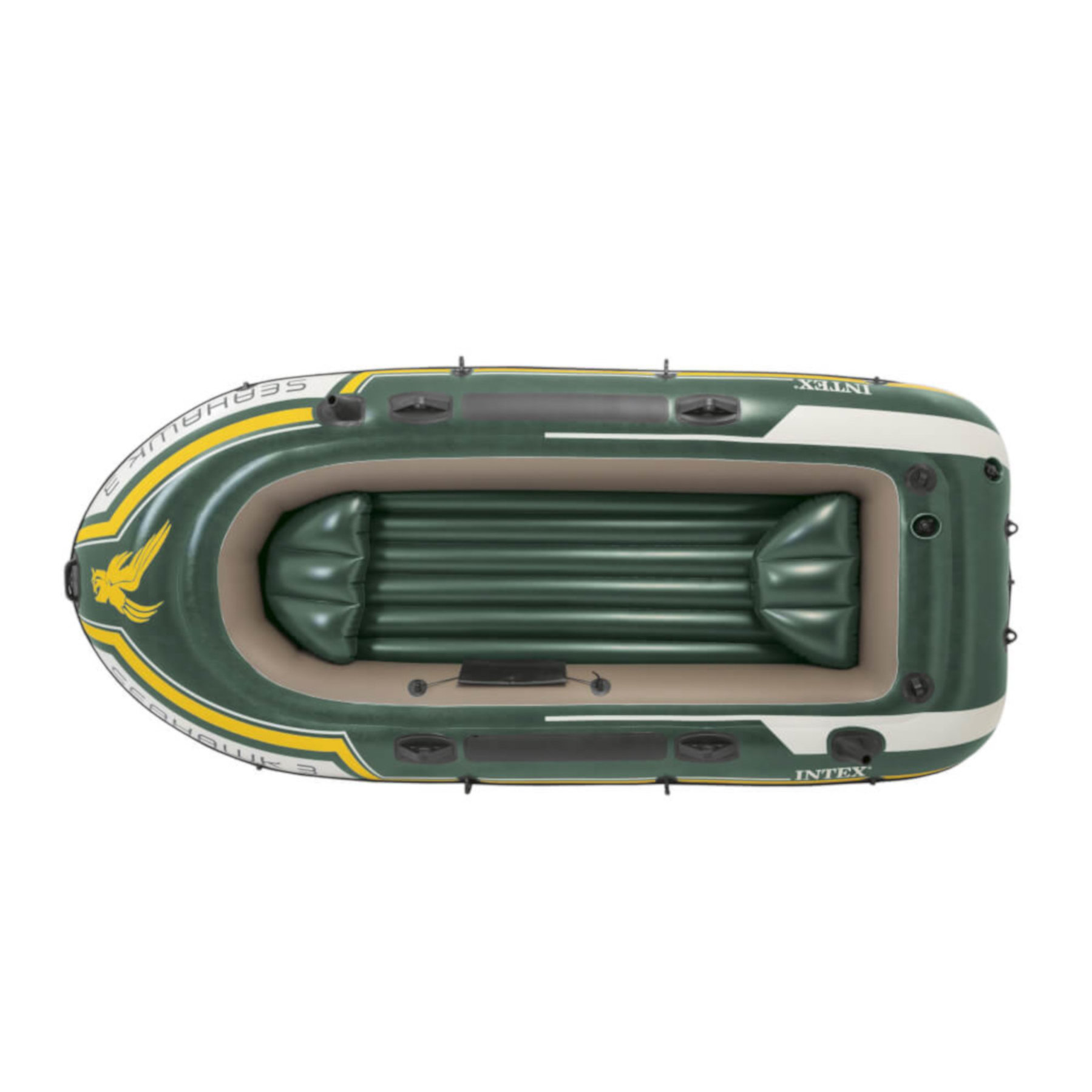 Draufsicht auf ein aufblasbares grünes und weißes Boot.