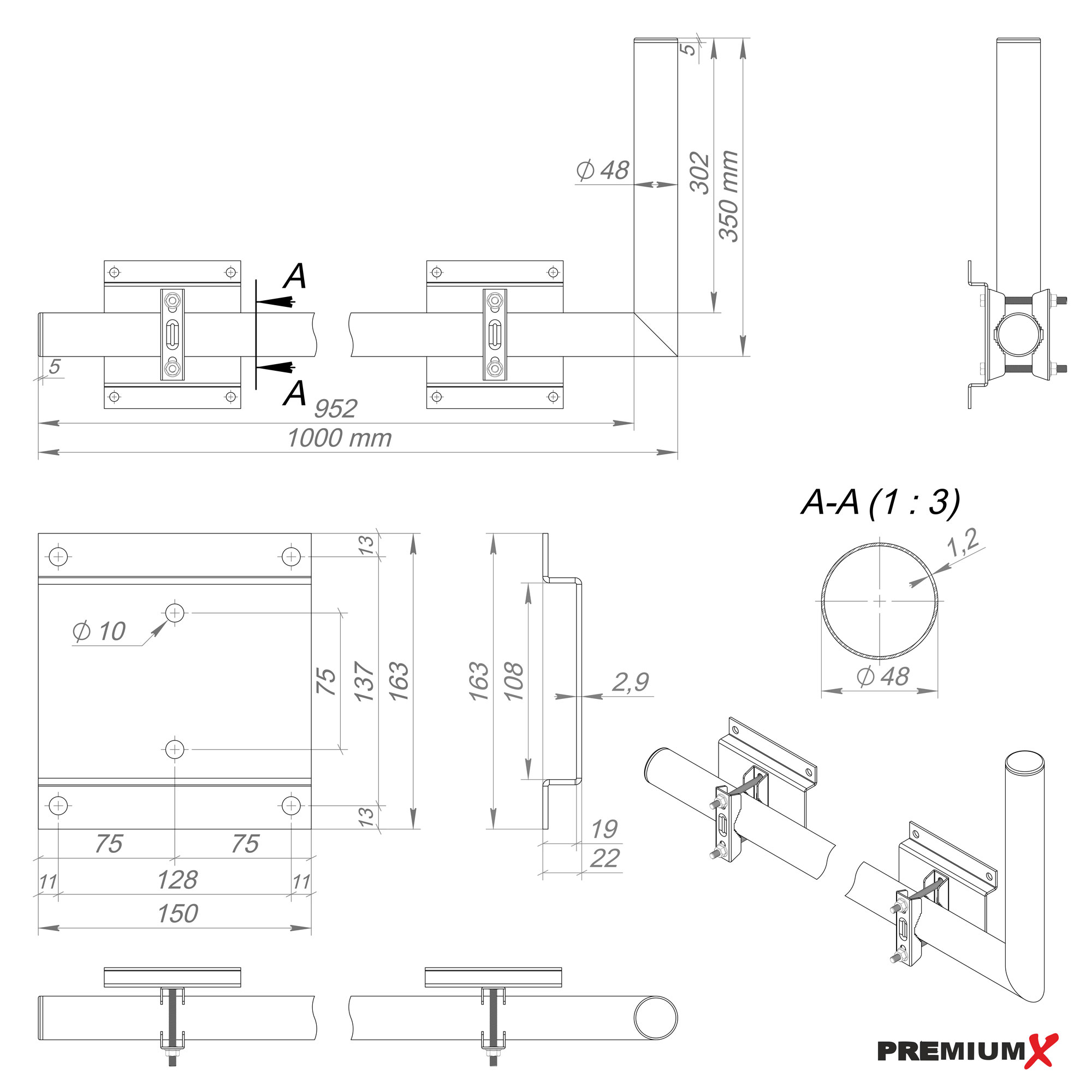 Technische Zeichnung mit Maßen für eine Metallhalterung und einem PREMIUMX-Logo.