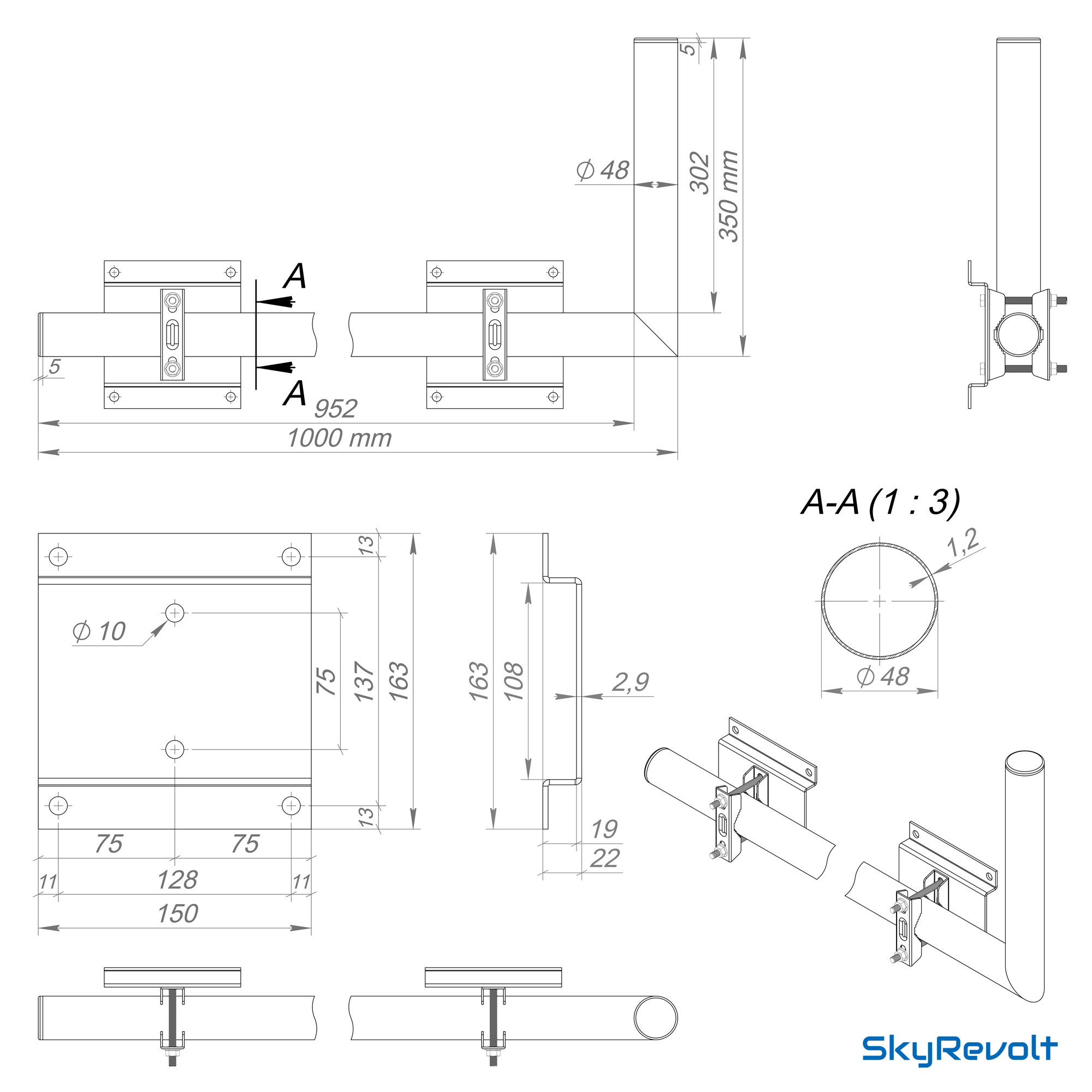 Technische Zeichnung einer Antennenhalterung. Inklusive Maße und Details.