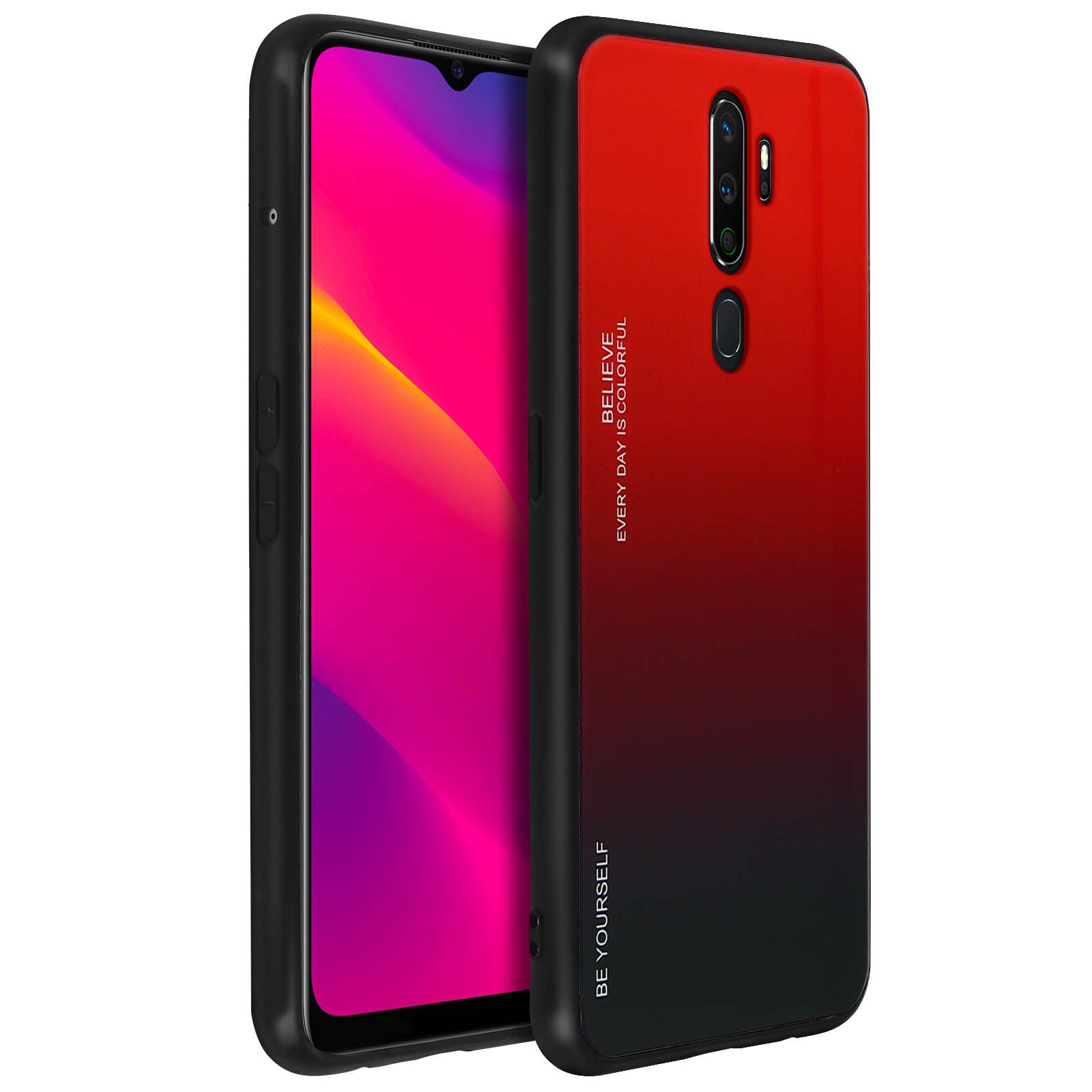 Custodia per telefono rossa e nera con telefono all'interno, il telefono ha una sfumatura rossa e nera.
