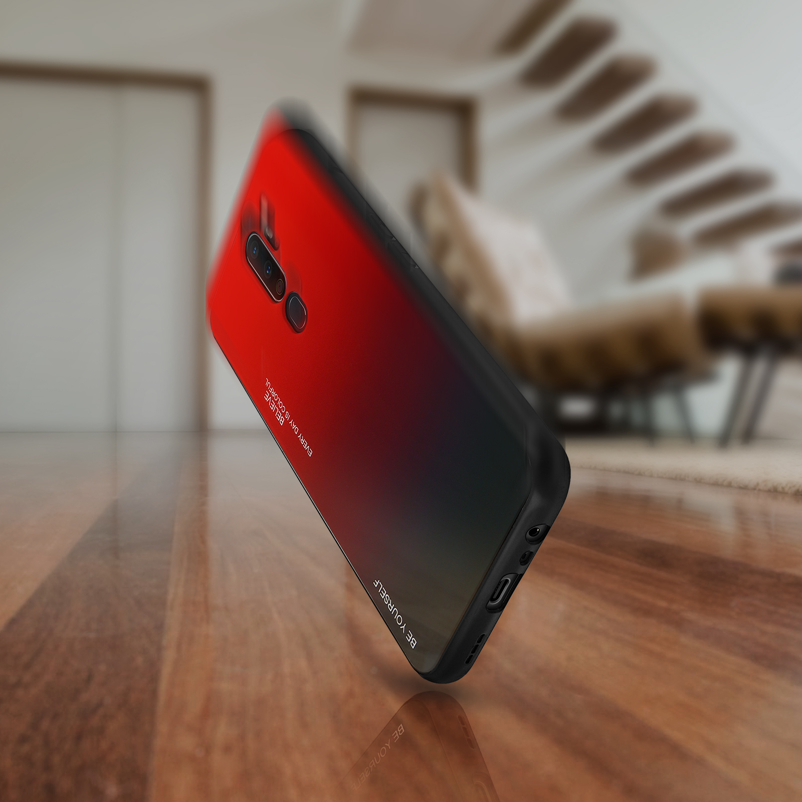Custodia per telefono fluttuante con sfumatura rosso-nera. Sfondo interno sfocato.