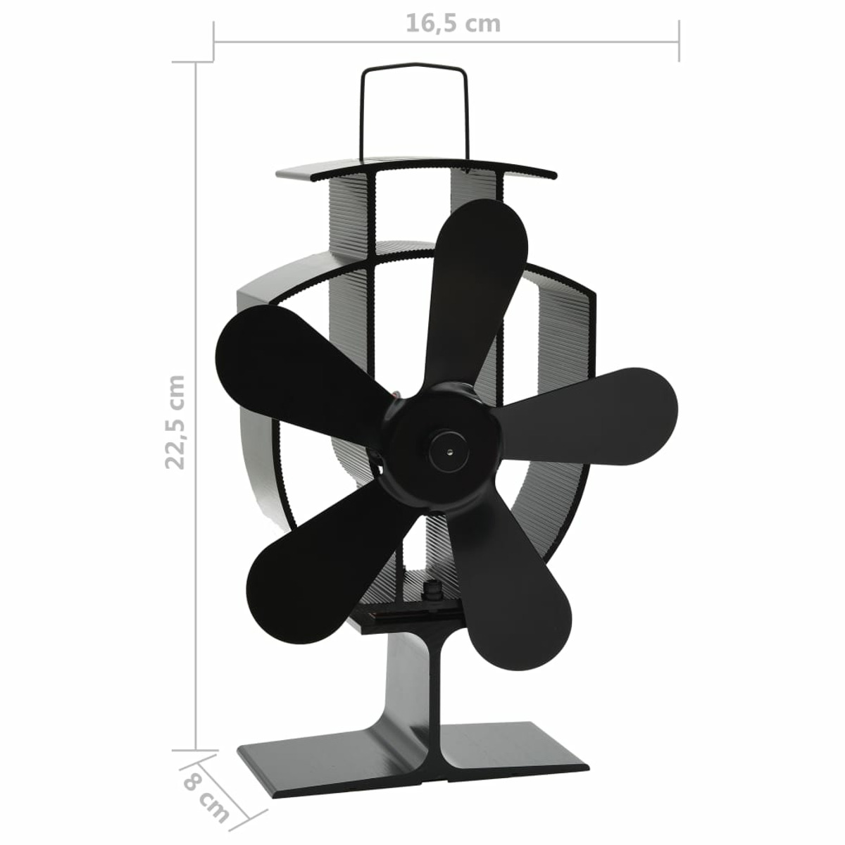 Ventola per stufa nera, quattro pale, dimensioni indicate.