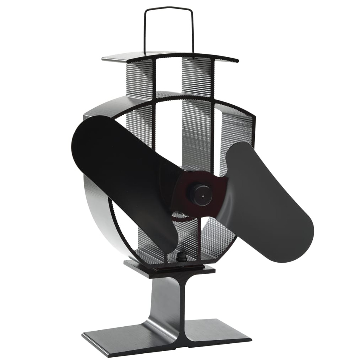 Schwarzer Ventilator mit zwei Flügeln, Ständer und Griff oben.