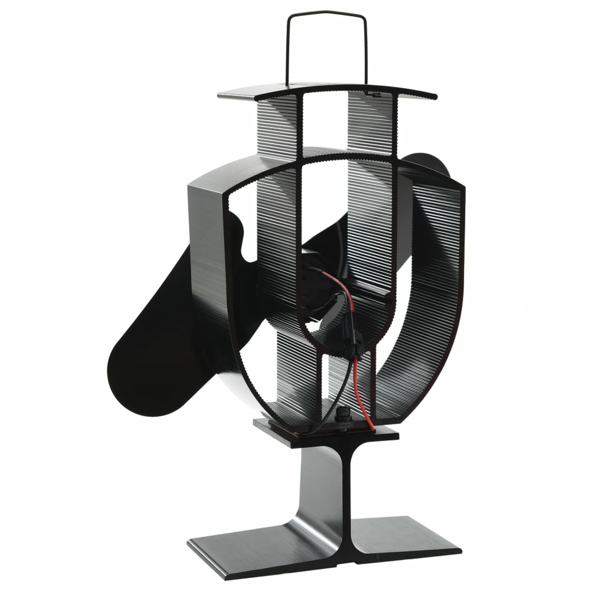 Schwarzer Ofenventilator mit geschwungenem Design und Griff oben.