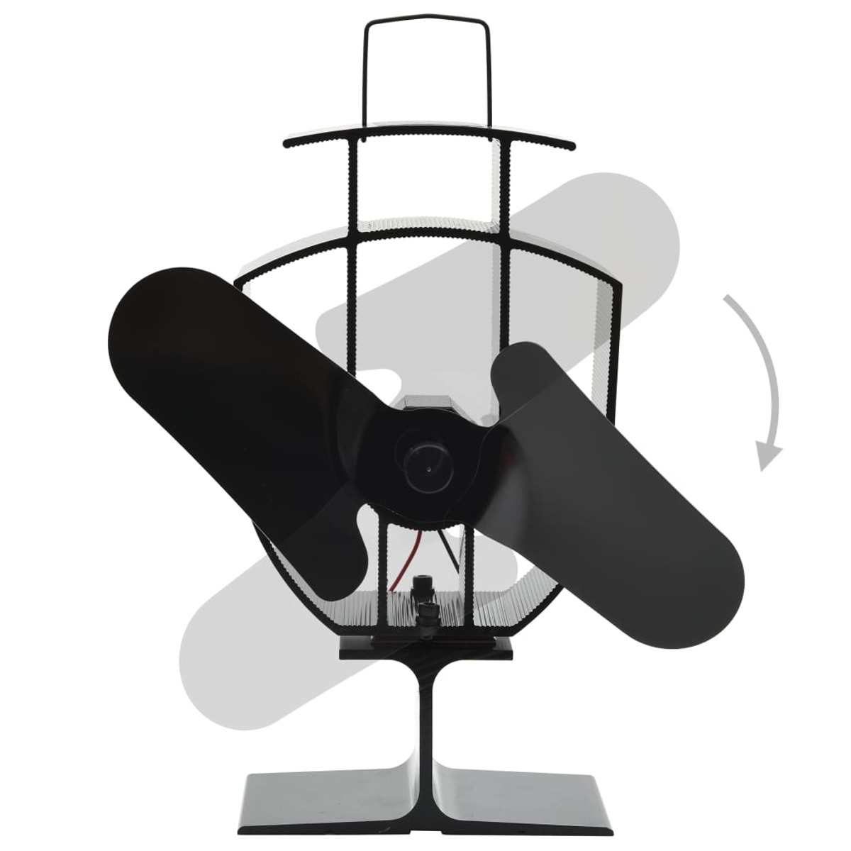 Schwarzer wärmebetriebener Ventilator mit zwei Flügeln auf weißem Grund.
