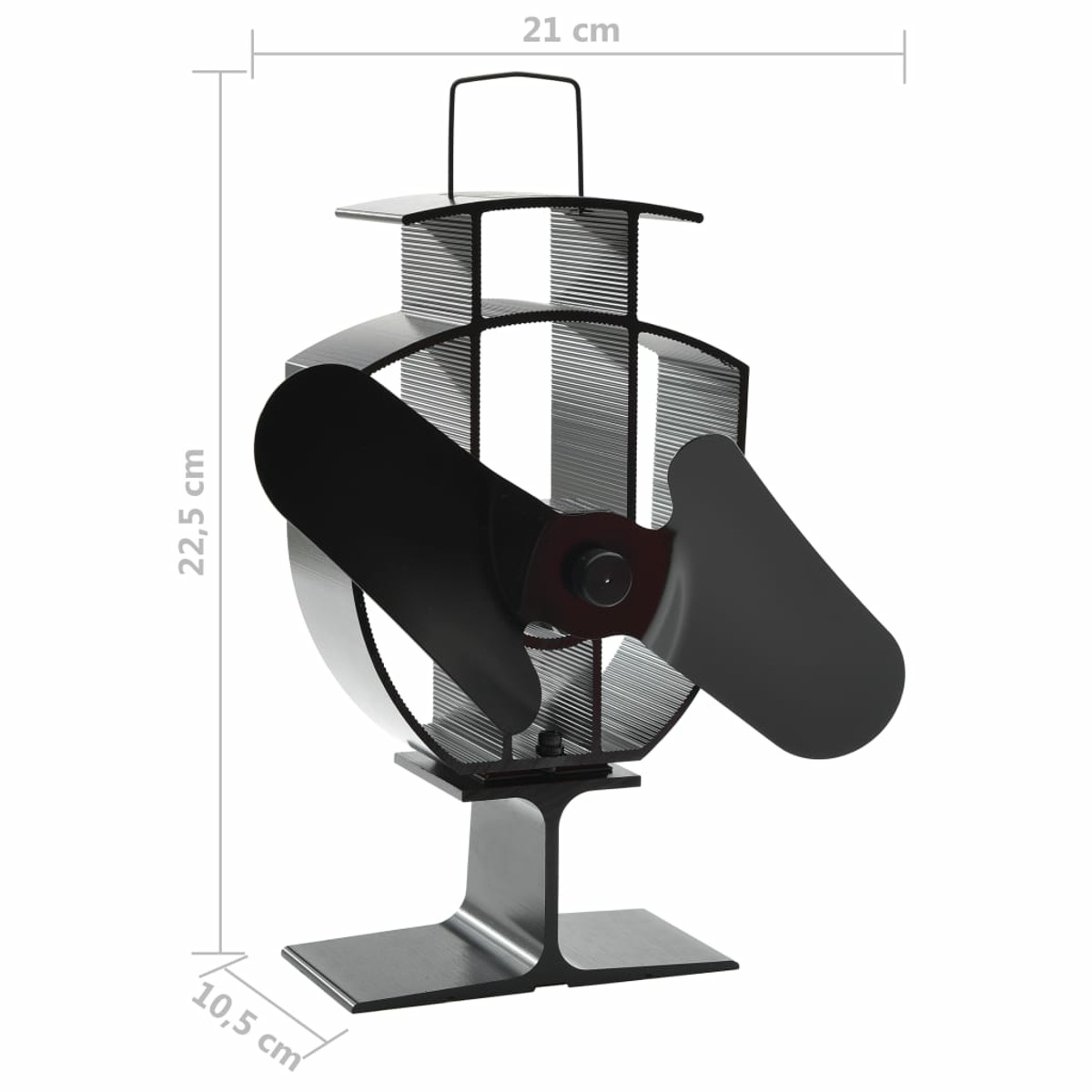 Schwarzer und silberner Metall-Ofenventilator mit Maßen. Die Blätter sind schwarz.