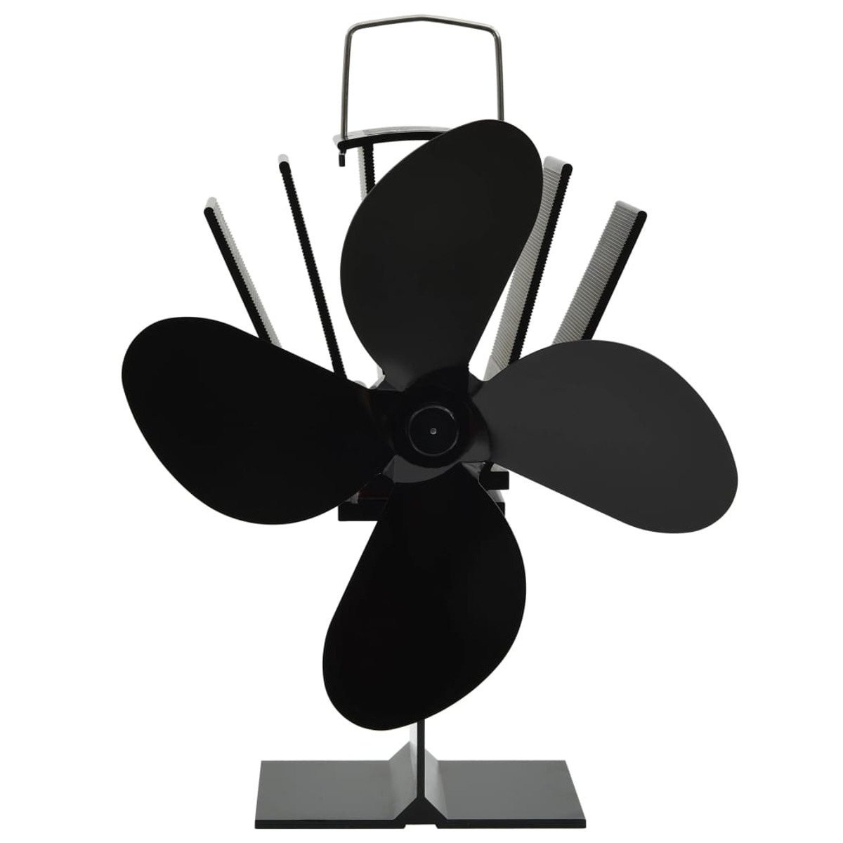 Ein schwarzer Ventilator mit vier Flügeln auf weißem Hintergrund. Der Ventilator hat einen Griff und ist auf einem schwarzen Sockel montiert.