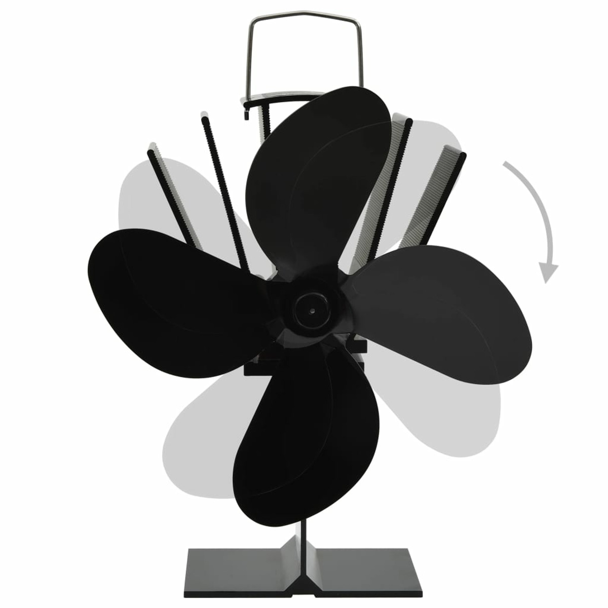 Schwarzer Ventilator mit vier Flügeln auf einem Ständer. Die Klingen sind gebogen und abgewinkelt. Der Hintergrund ist weiß.