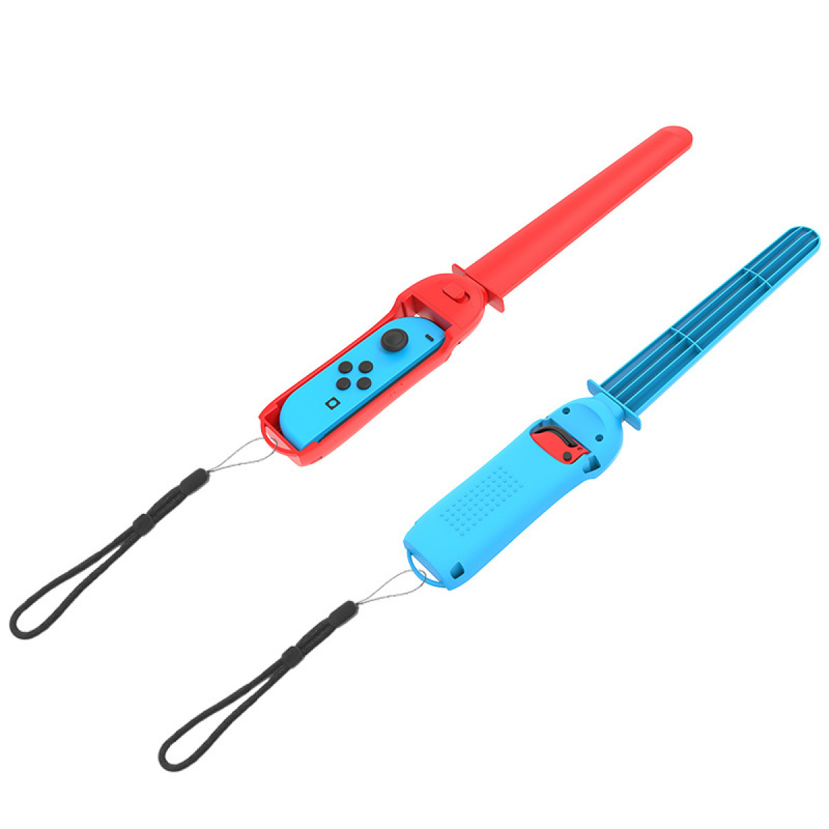 Dwa czerwone i niebieskie Joy-Con z paskami na nadgarstek na białym tle.