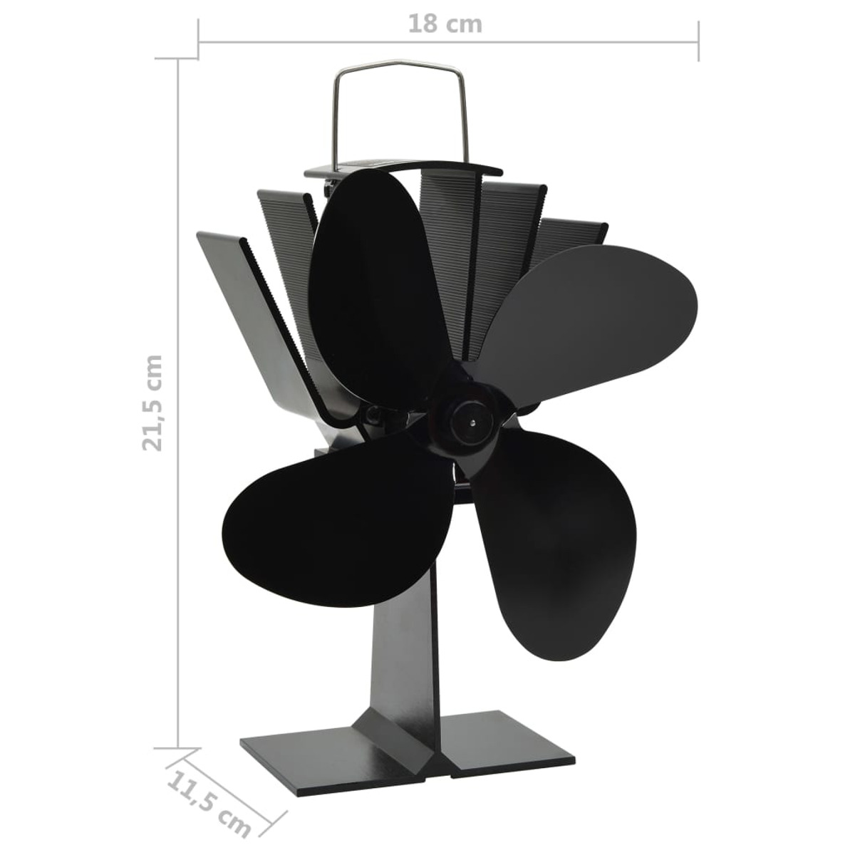 Ein schwarzer, metallener, wärmebetriebener Ofenventilator mit vier gebogenen Blättern, Abmessungen auf weißem Hintergrund.