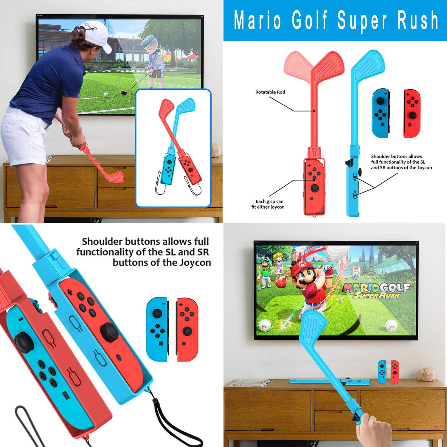 Akcesoria Mario Golf Super Rush: kontrolery do kija golfowego w kolorze czerwonym i niebieskim, Joy-Cony i obrazy rozgrywki.