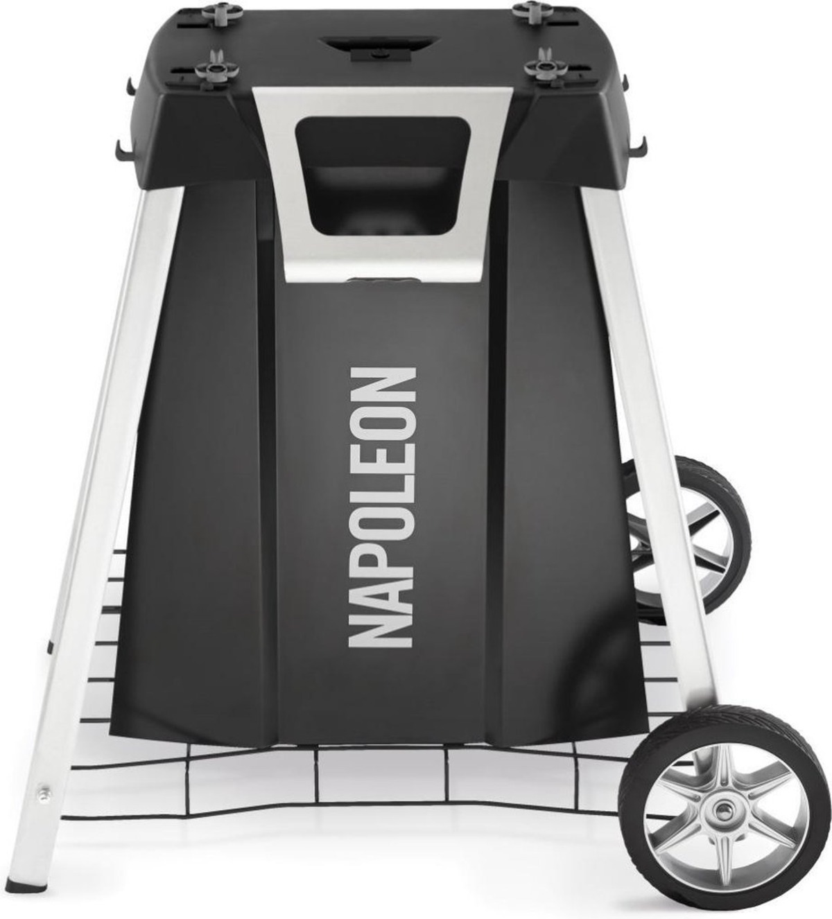 Schwarz-Silberner Grill mit dem Wort NAPOLEON, mit Rädern und einem Metallrahmen.