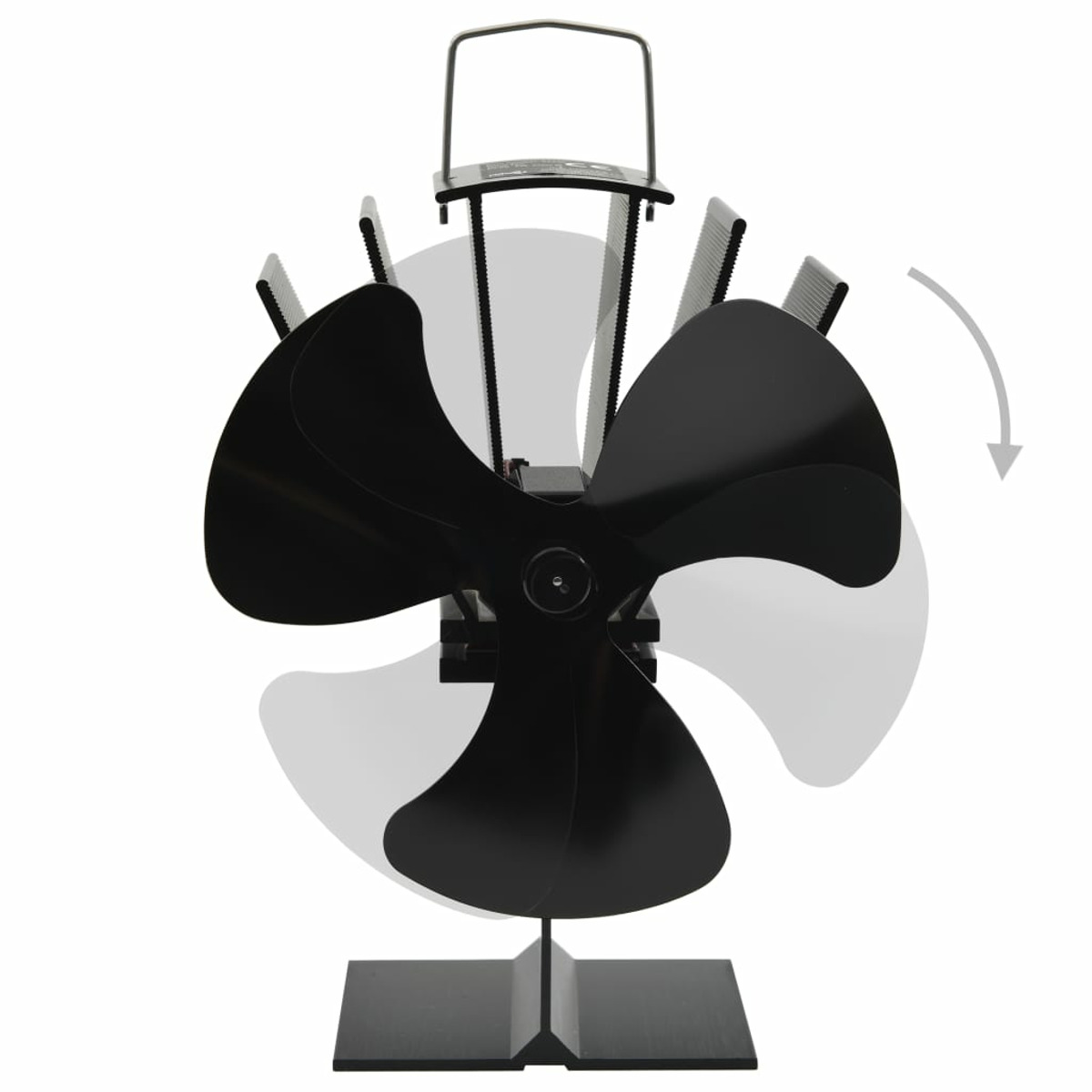 Schwarzer Ventilator mit sich drehenden Flügeln auf einem schwarzen Ständer. Weißer Hintergrund.