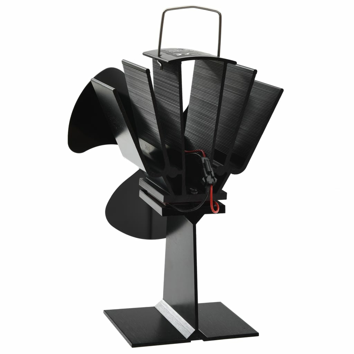 Schwarzer Ventilator mit mehreren Flügeln auf einem schwarzen Ständer. Roter Draht.
